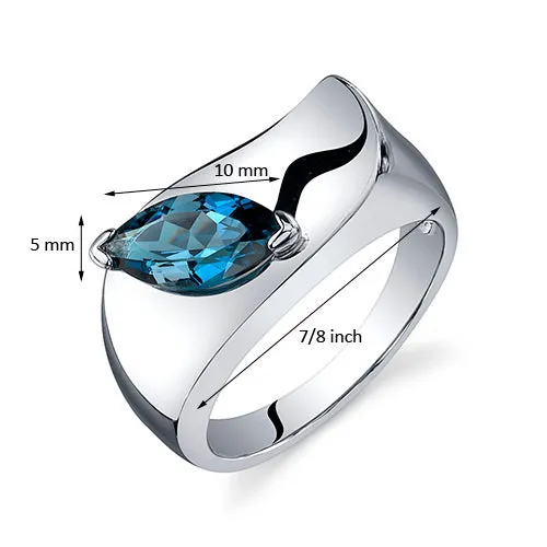 London Blue Topaz Ring Sterling Silver Marquise Shape 1 Carats Size 7