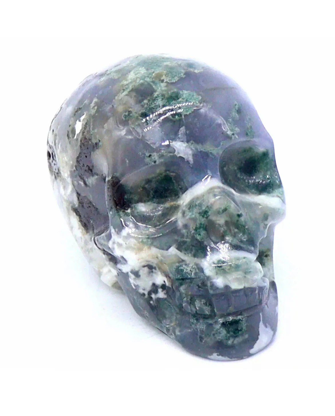 Moss Agate gemstone skull figurine