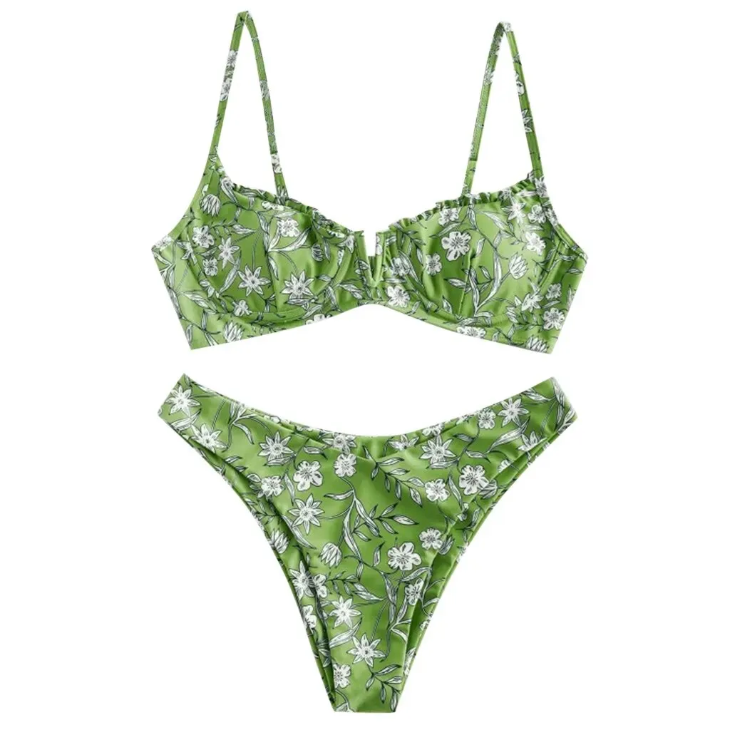 Niedlicher, hoch geschnittener Bikini mit Blumenmuster und V-Ausschnitt