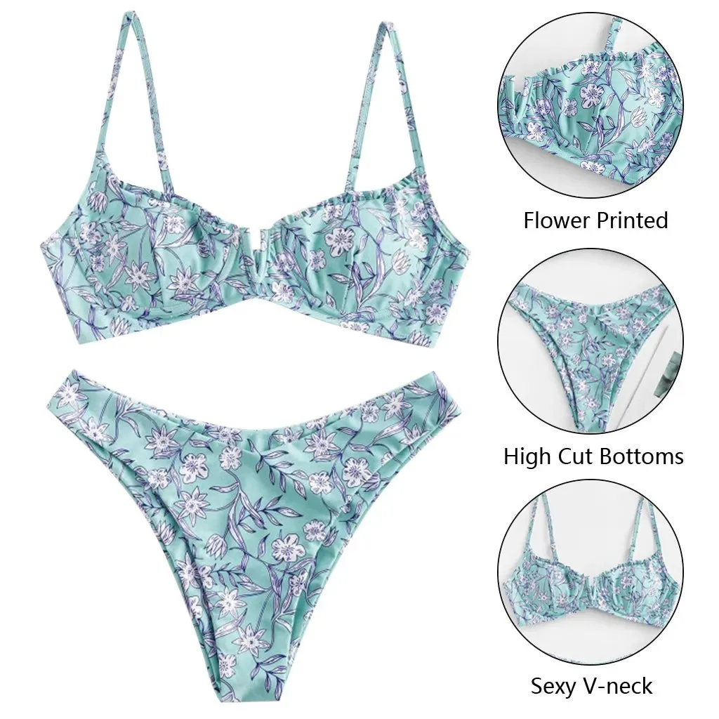 Niedlicher, hoch geschnittener Bikini mit Blumenmuster und V-Ausschnitt