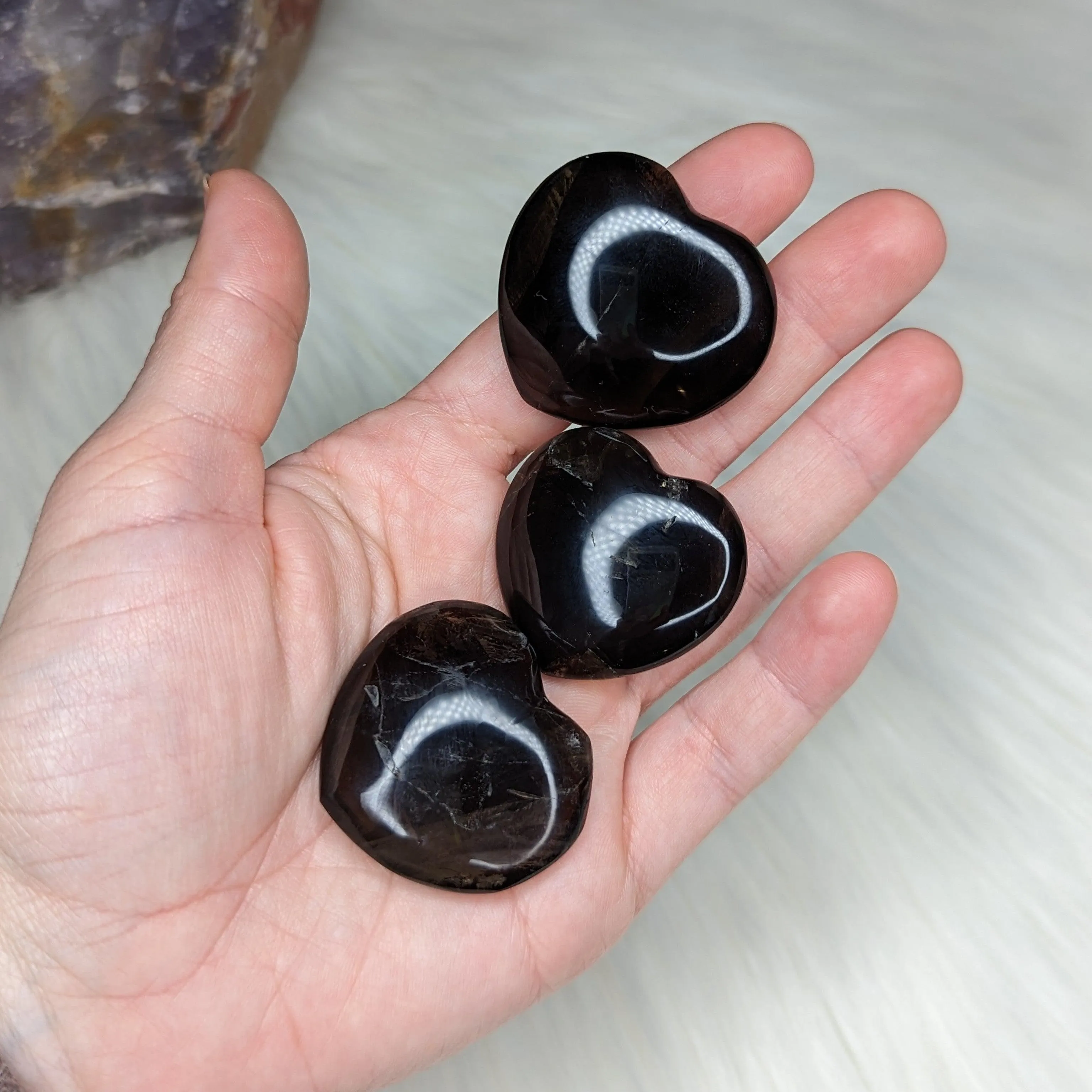 One Unique, Dark Smoky Quartz - Heart Carved Palm Stone ~ Adorable and Grounding ~