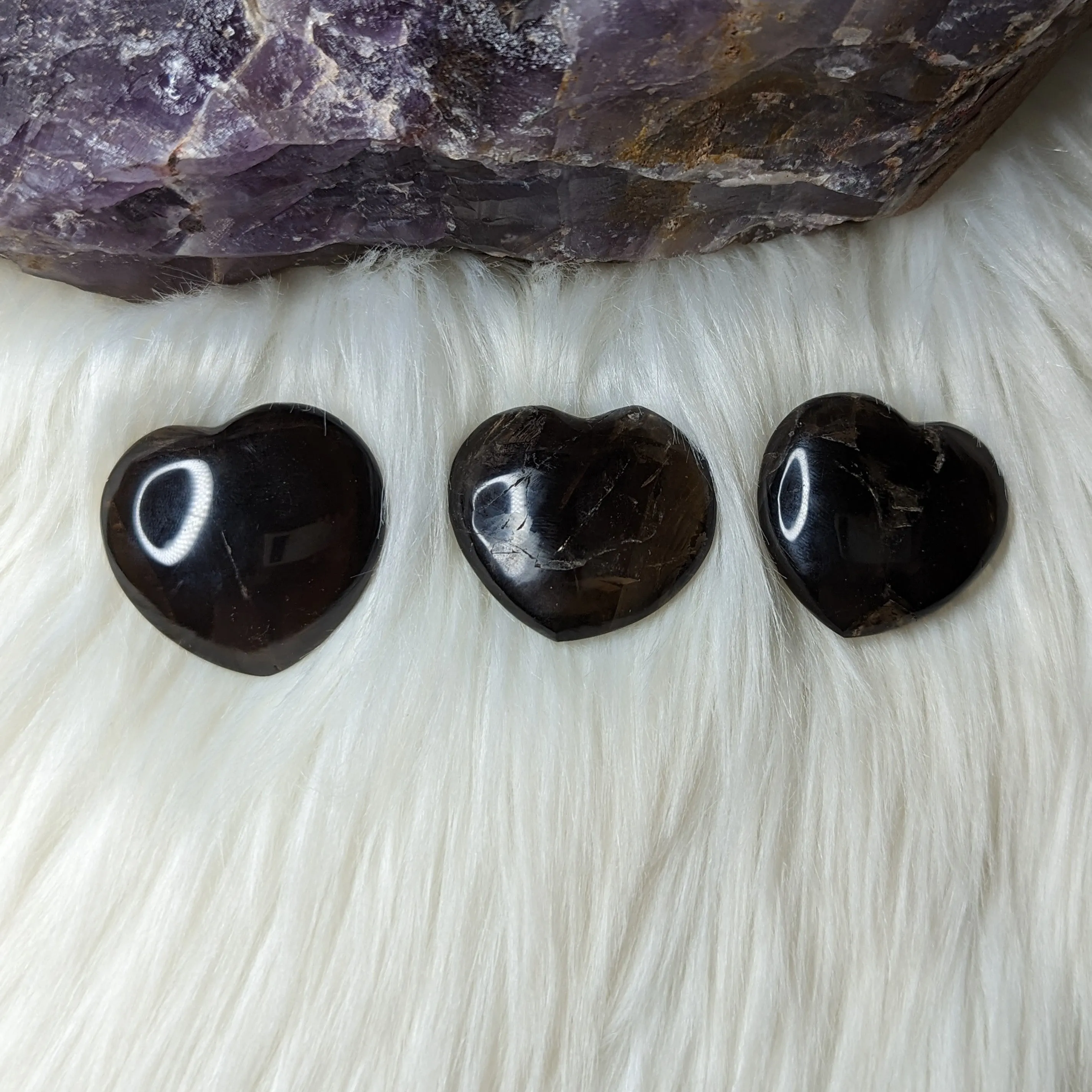 One Unique, Dark Smoky Quartz - Heart Carved Palm Stone ~ Adorable and Grounding ~