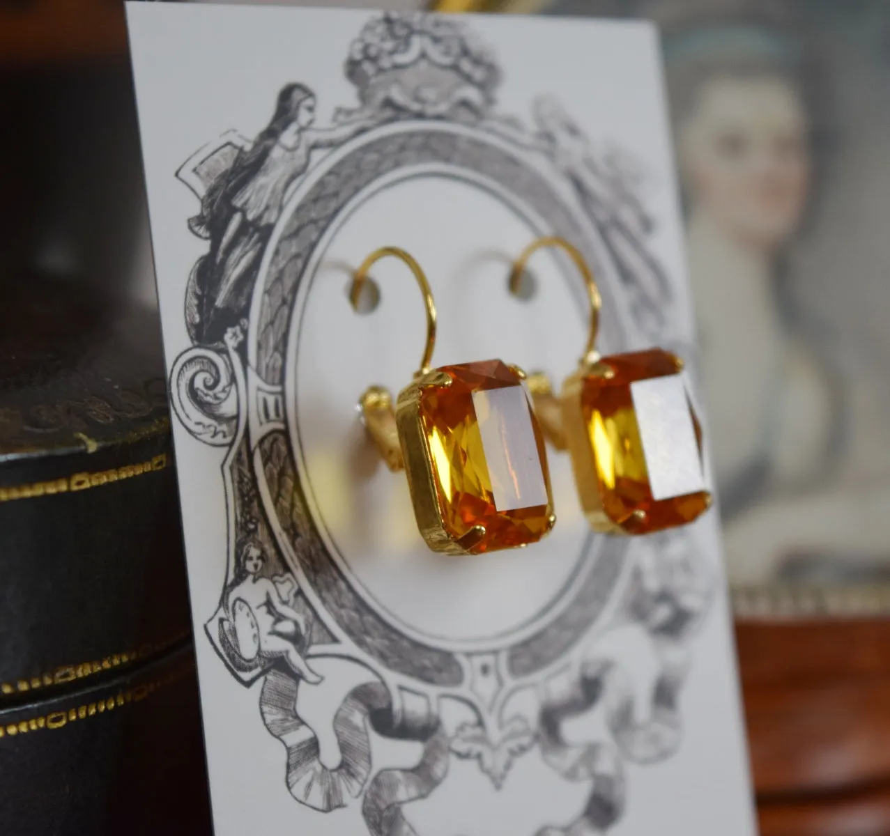 Orange Topaz Swarovski Earrings - Medium Octagon - ON SALE