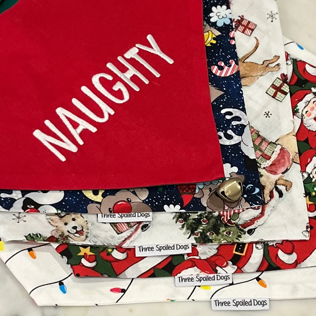 Personalized Christmas Dogs on Reversible Handmade Dog Bandanas