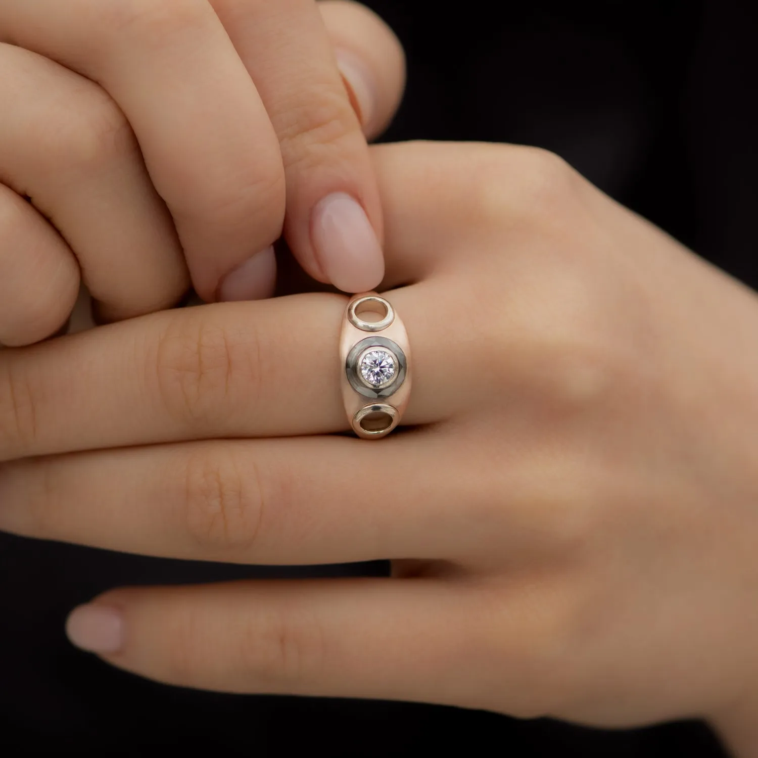 Piercing Engagement Ring with Grommets and a Grey Diamond Halo