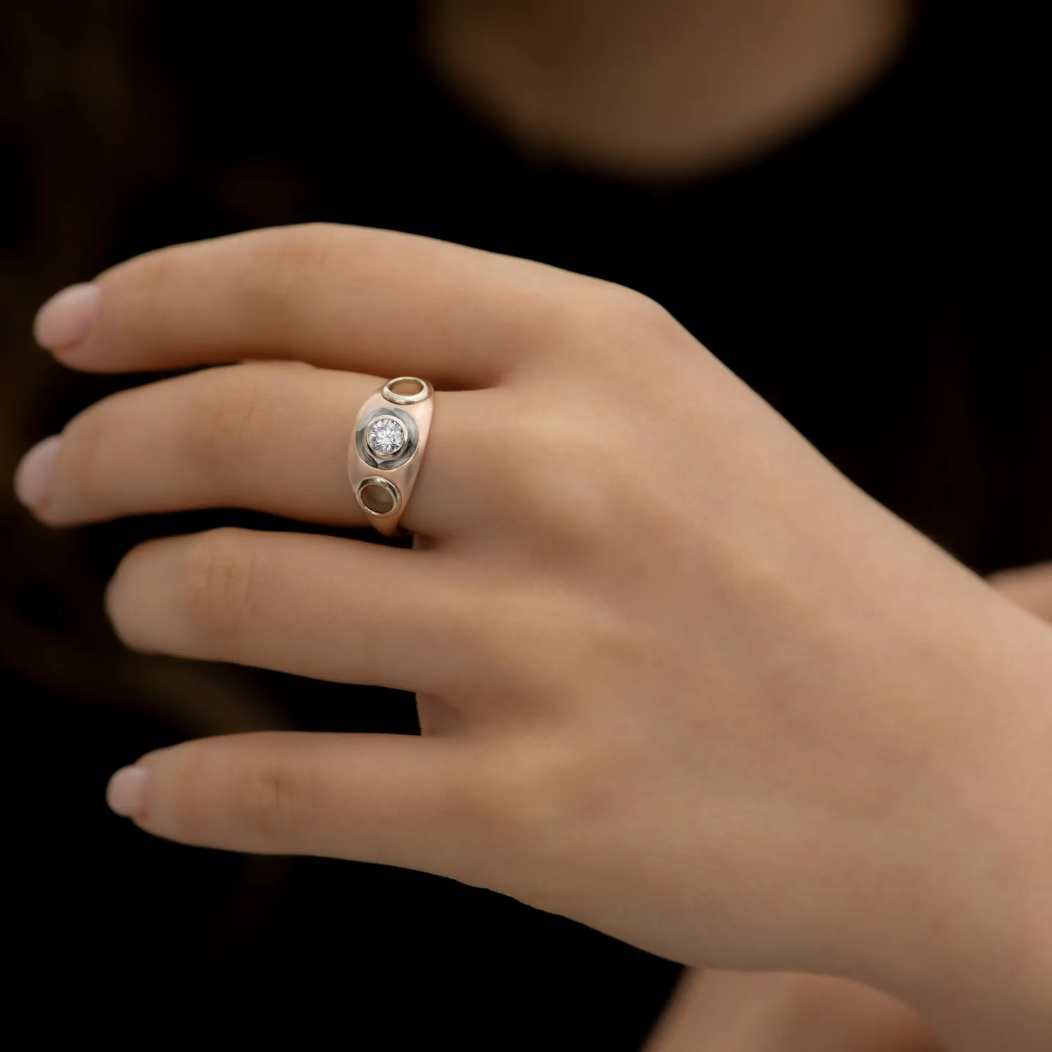 Piercing Engagement Ring with Grommets and a Grey Diamond Halo