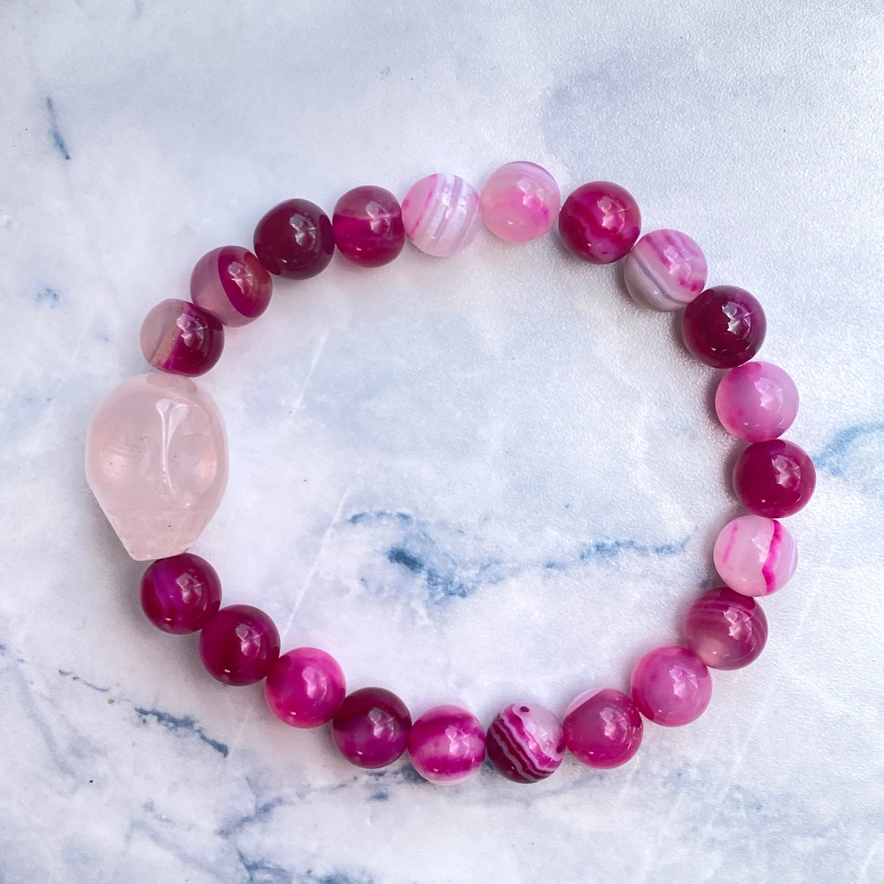 Pink Banded Agate and Rose Quartz Skull Bracelet