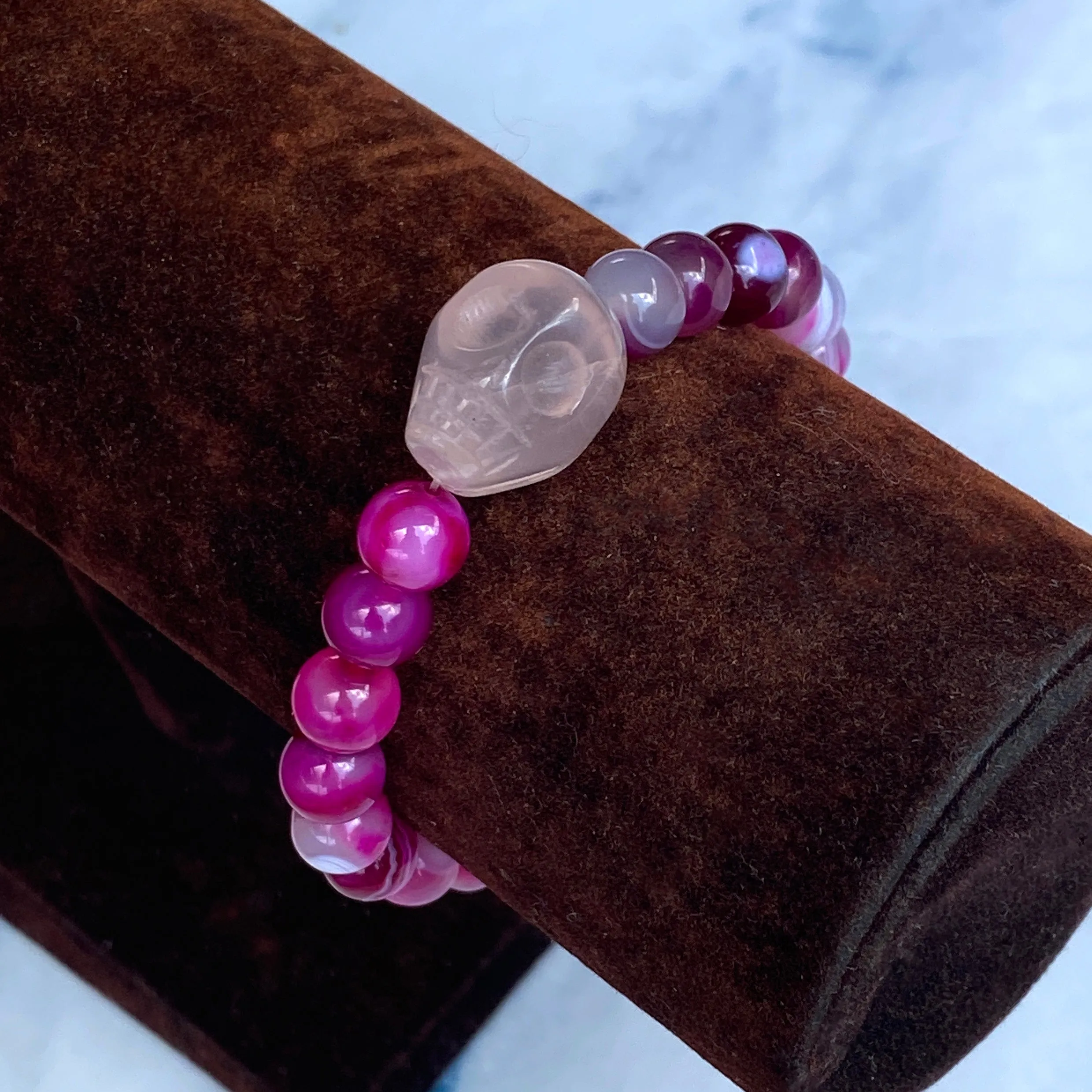 Pink Banded Agate and Rose Quartz Skull Bracelet