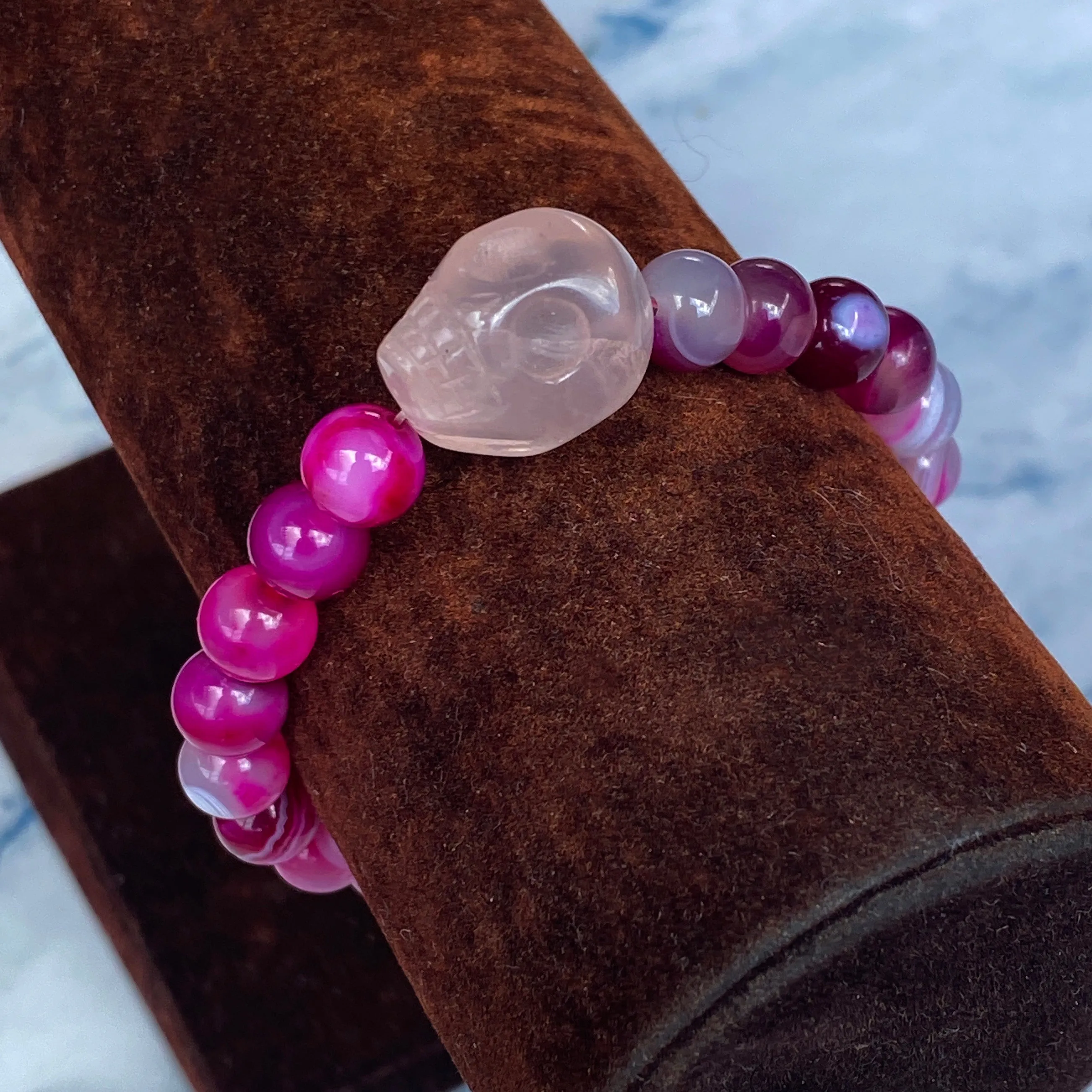 Pink Banded Agate and Rose Quartz Skull Bracelet