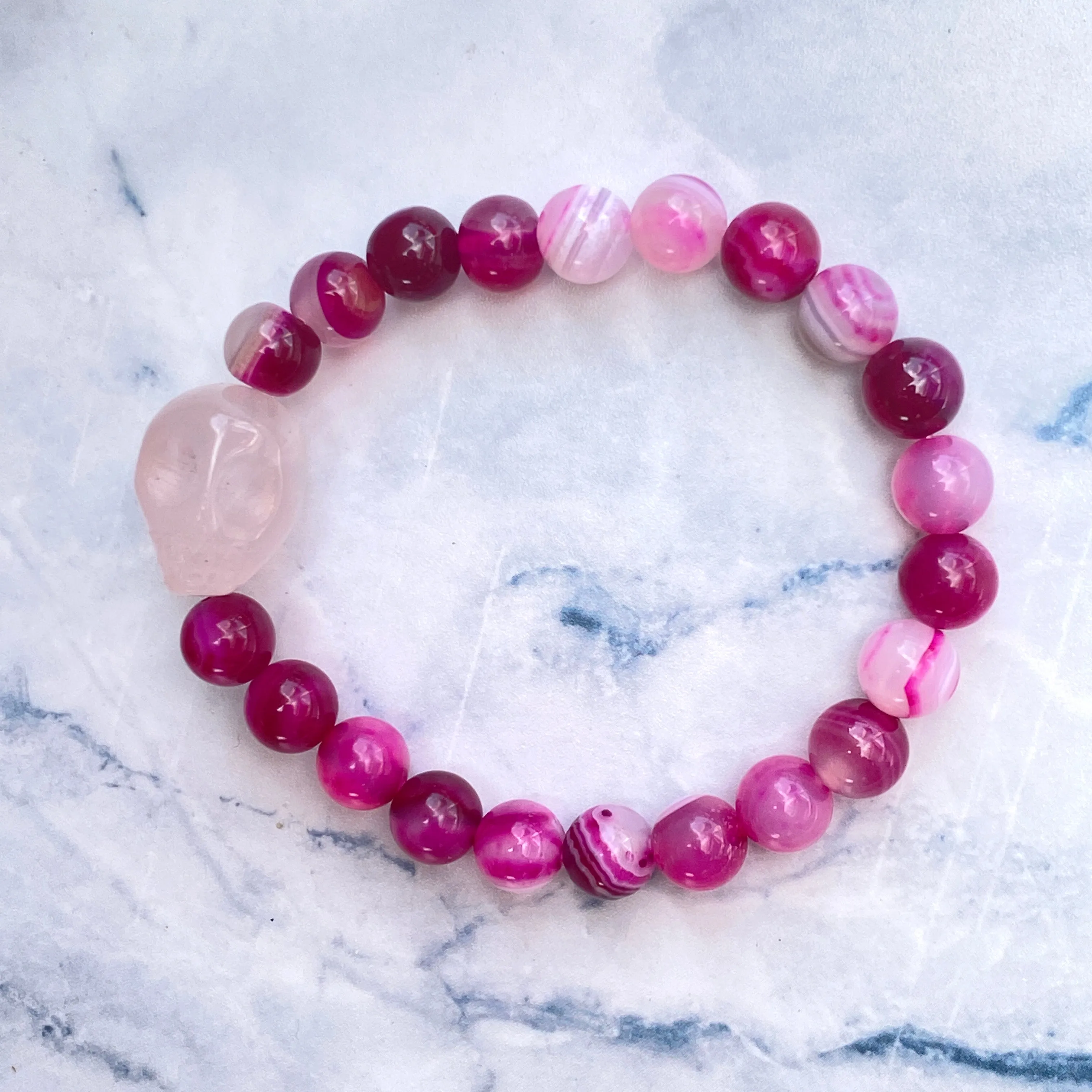 Pink Banded Agate and Rose Quartz Skull Bracelet