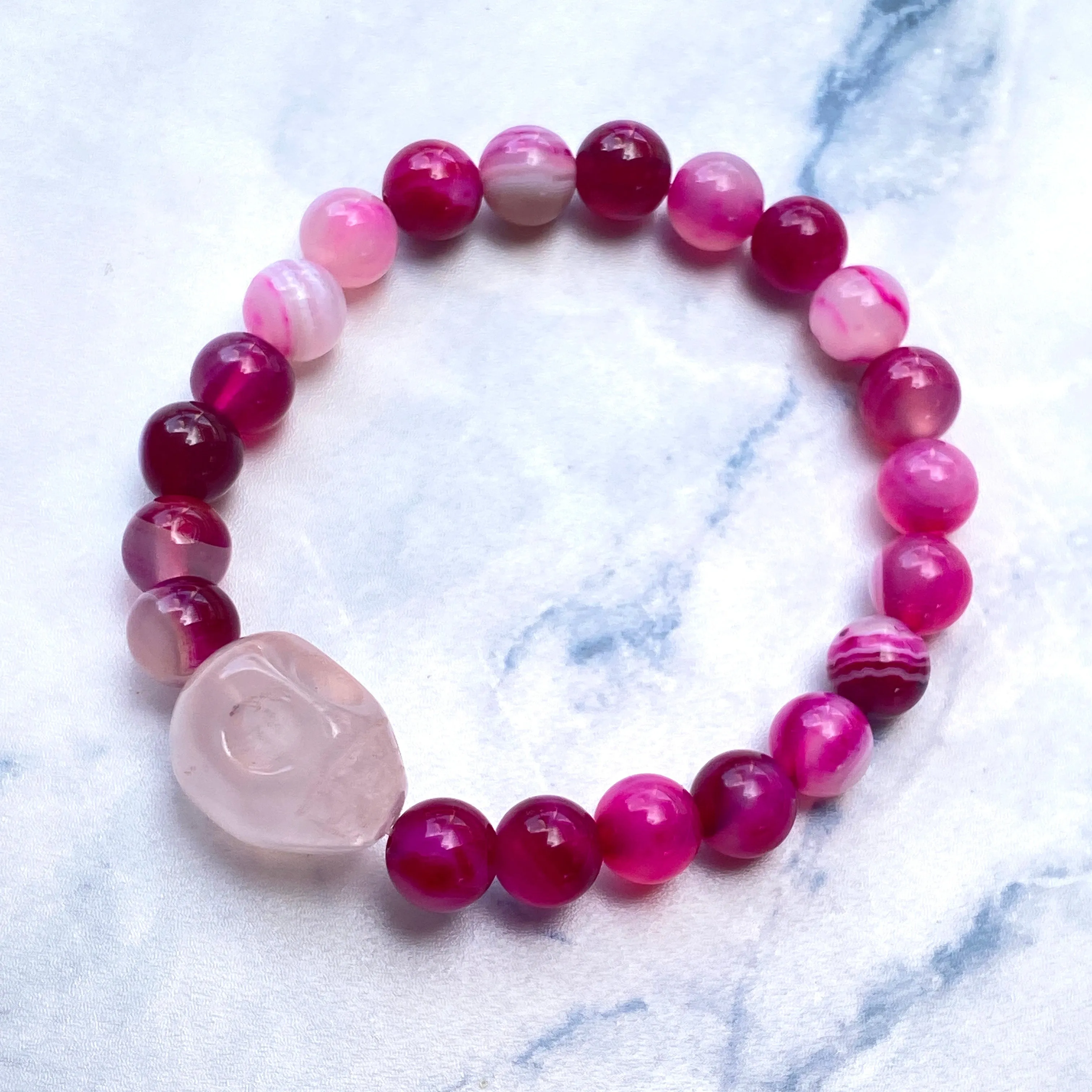 Pink Banded Agate and Rose Quartz Skull Bracelet