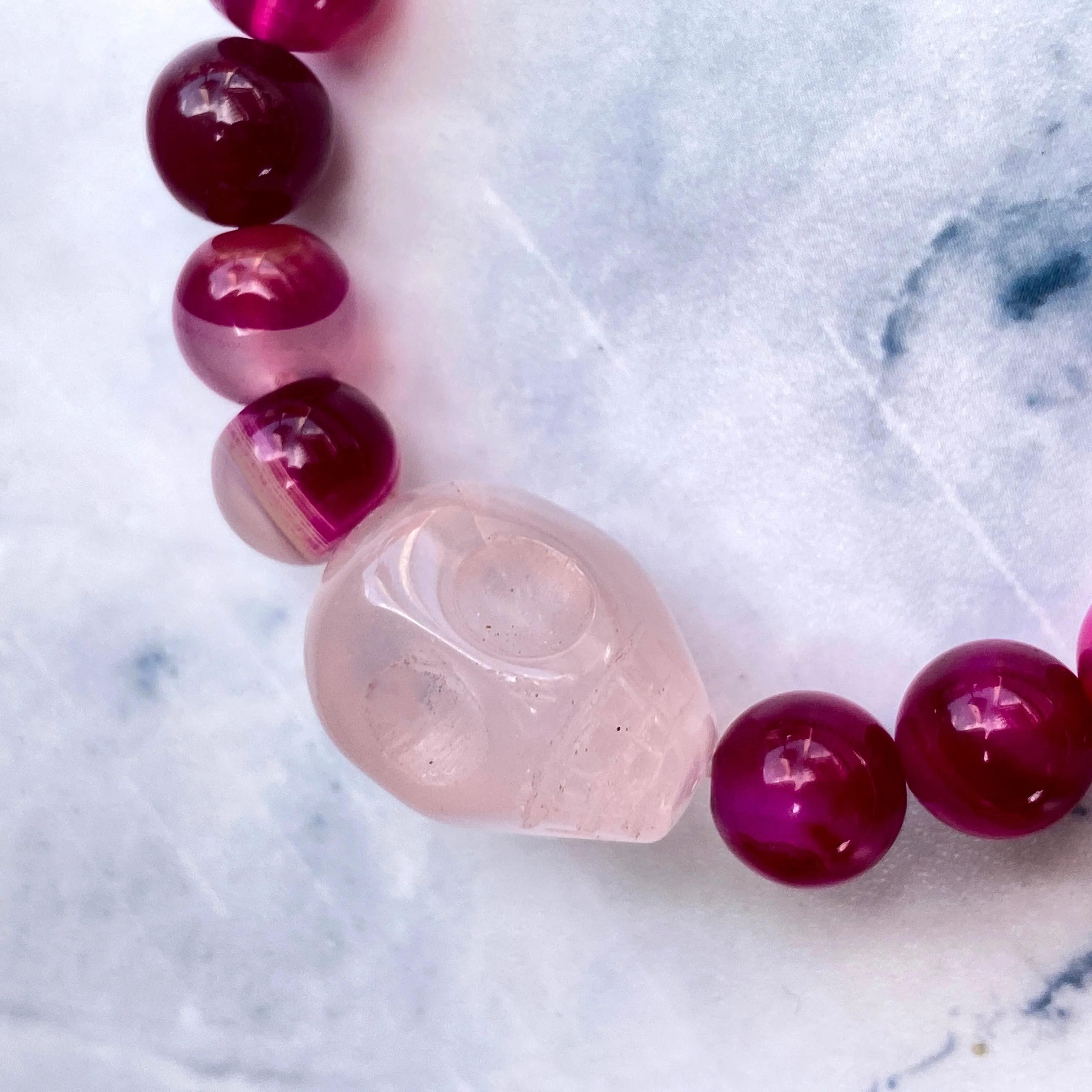 Pink Banded Agate and Rose Quartz Skull Bracelet