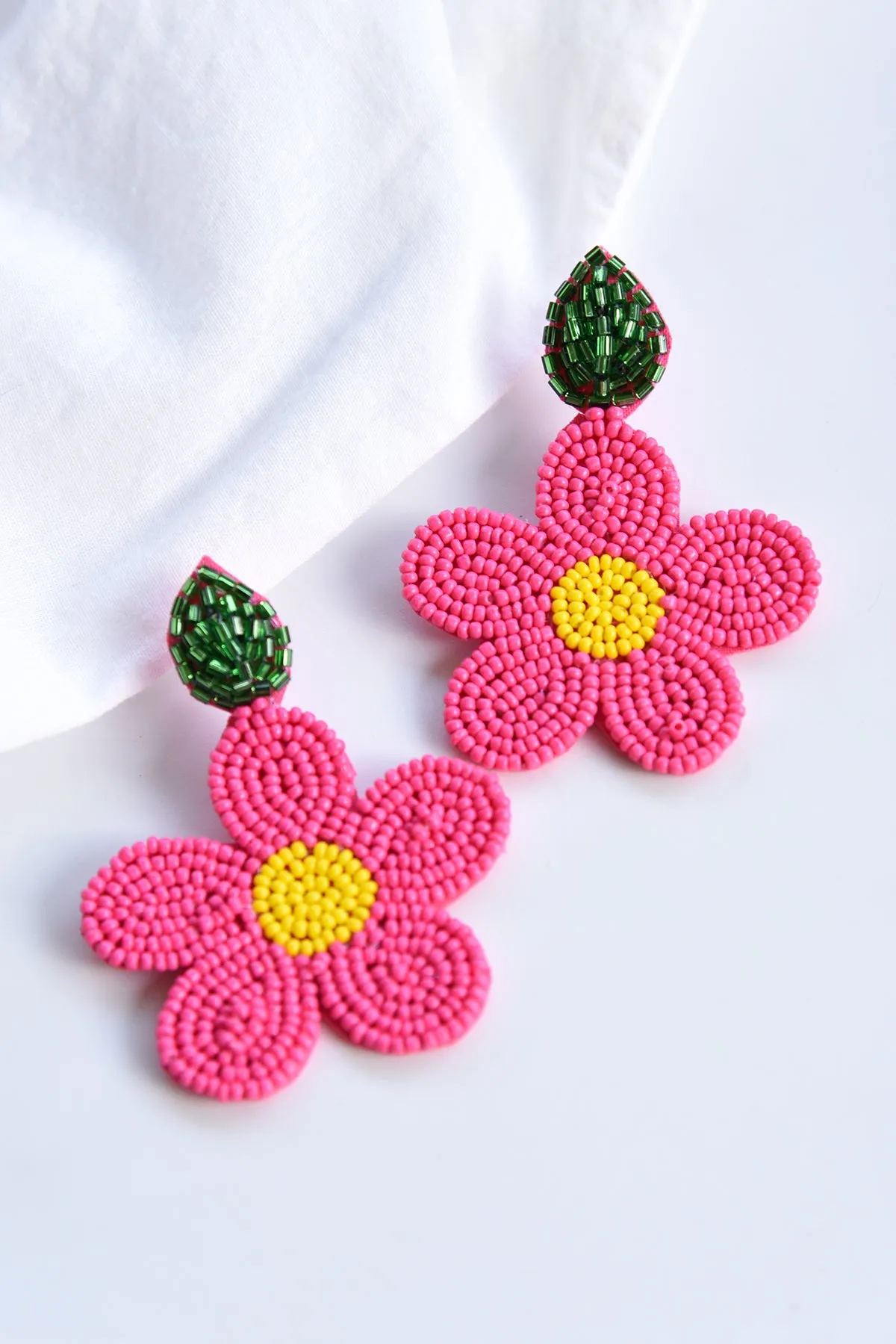 PINK BEADED FLOWER EARRINGS