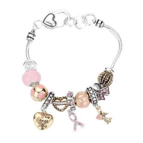 Pink Ribbon Angel Heart Multi Bead Charm Bracelet