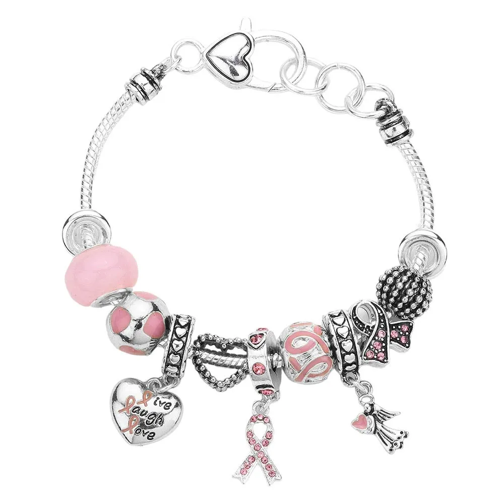 Pink Ribbon Angel Heart Multi Bead Charm Bracelet