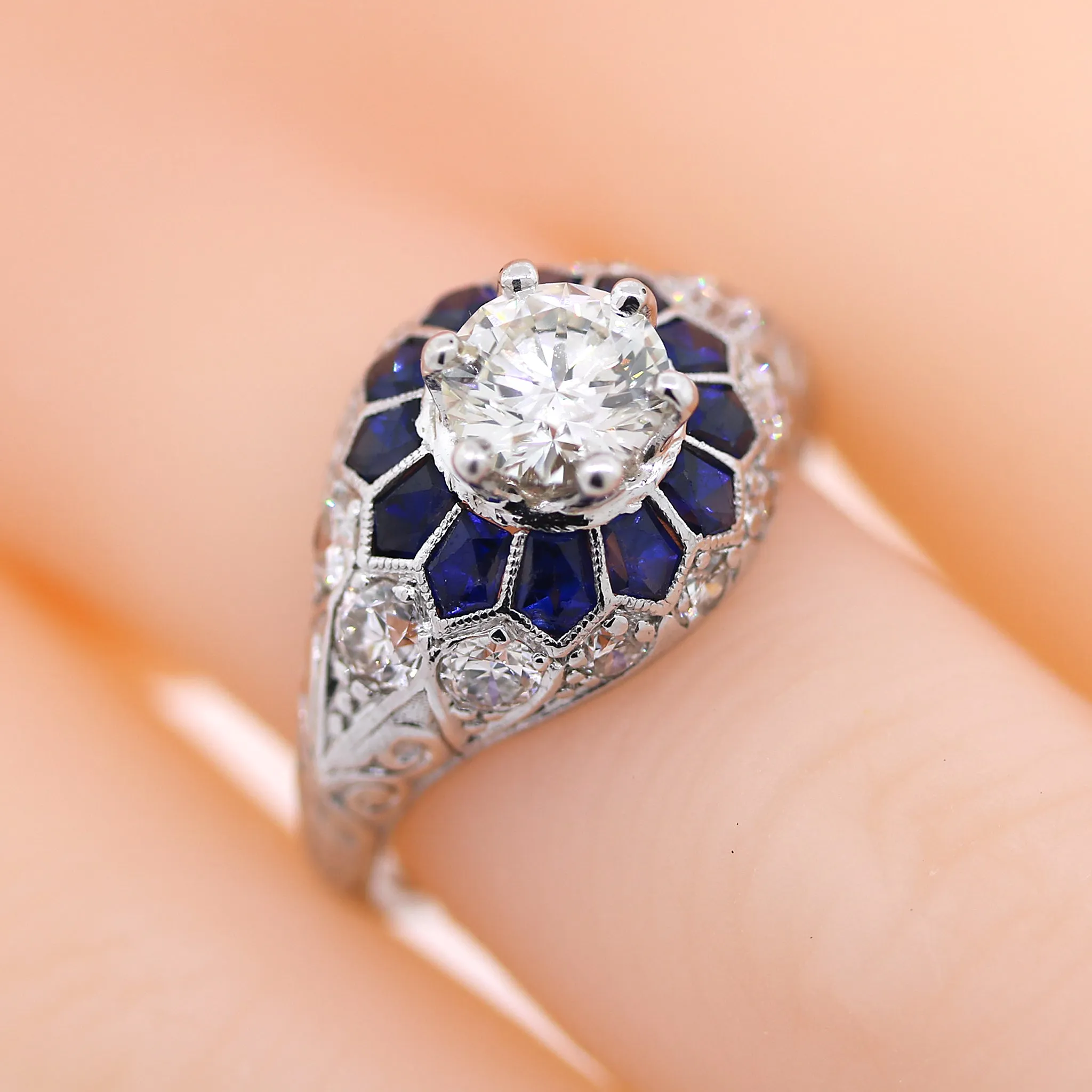 Platinum Art Deco Style Sapphire and Diamond Engagement Ring