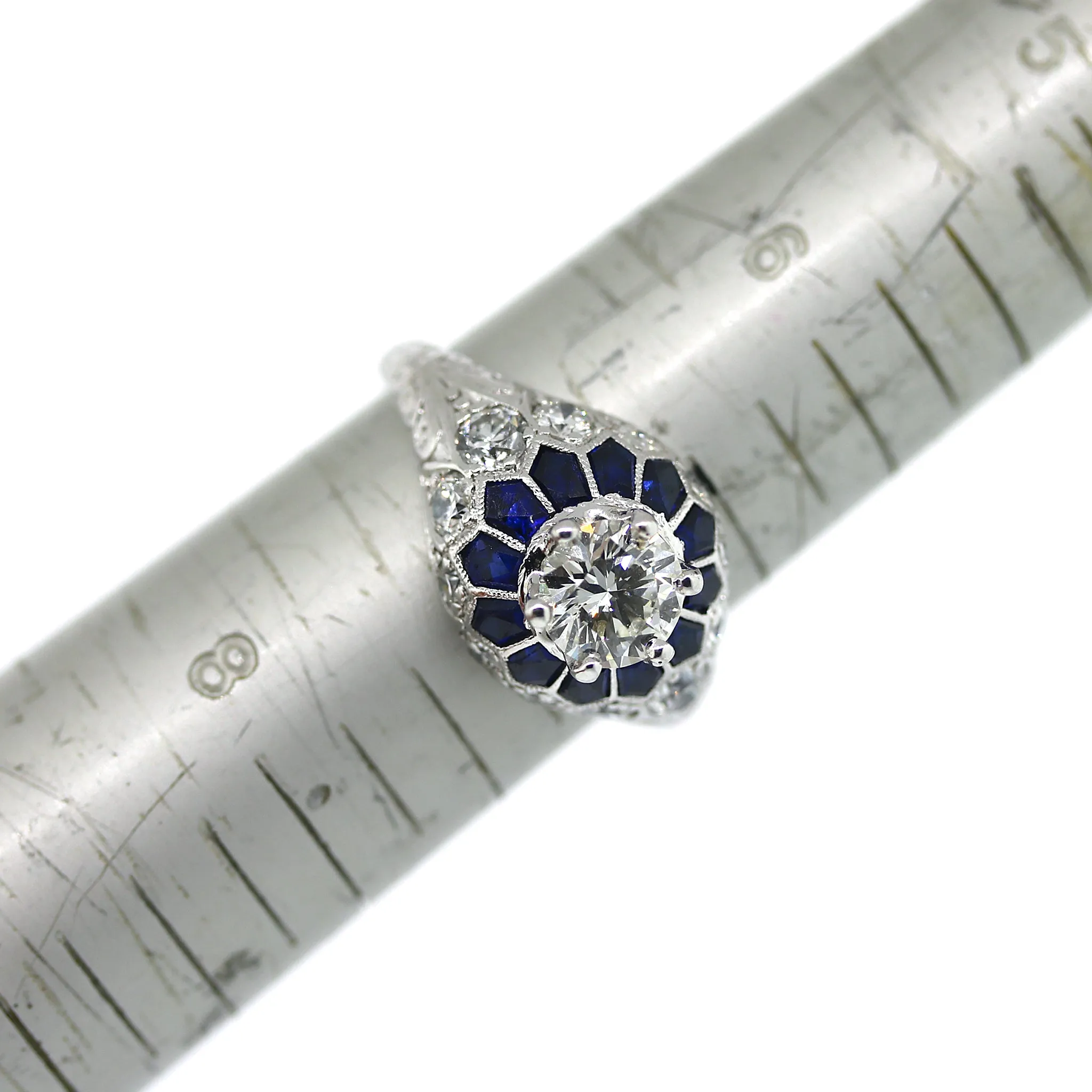 Platinum Art Deco Style Sapphire and Diamond Engagement Ring