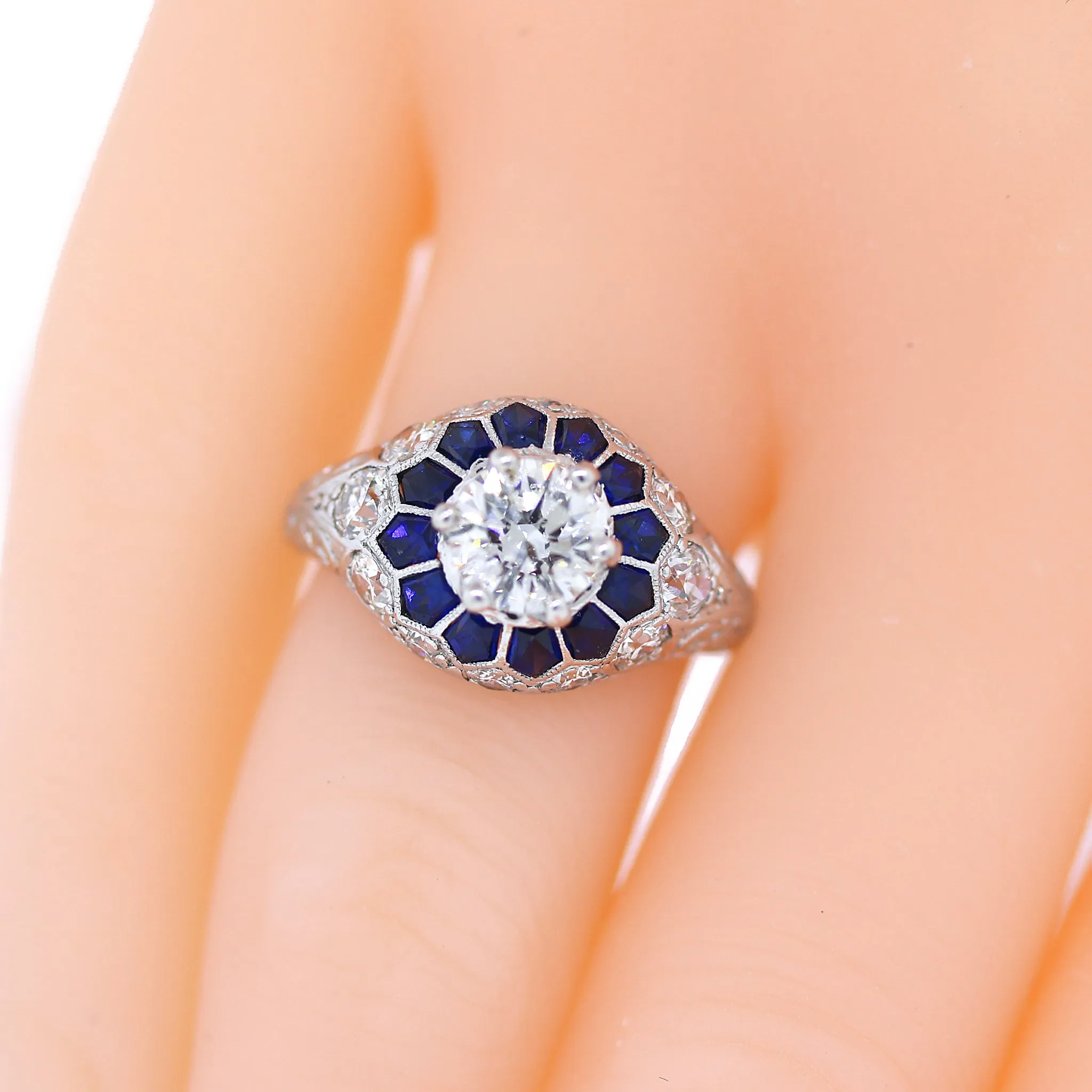 Platinum Art Deco Style Sapphire and Diamond Engagement Ring