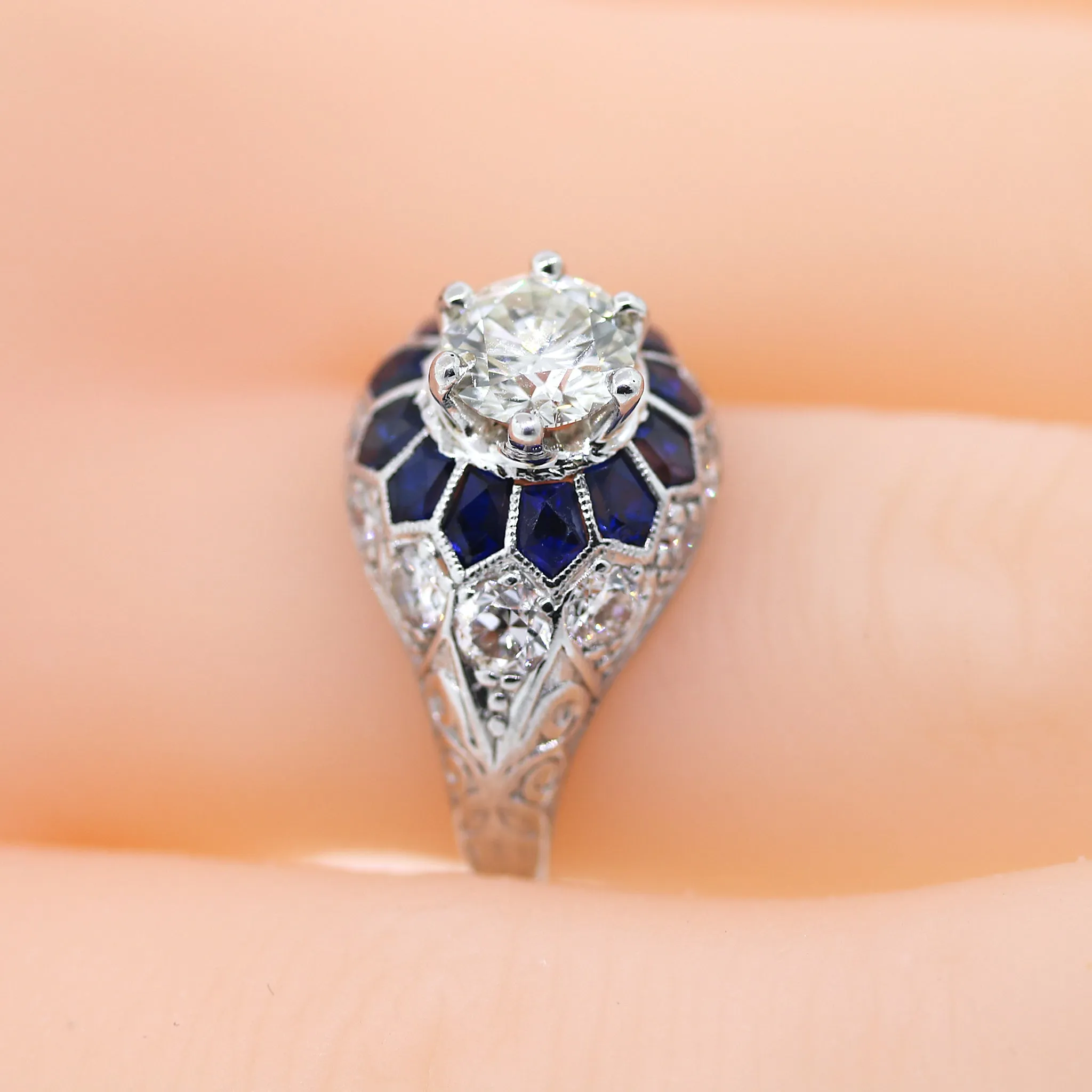 Platinum Art Deco Style Sapphire and Diamond Engagement Ring