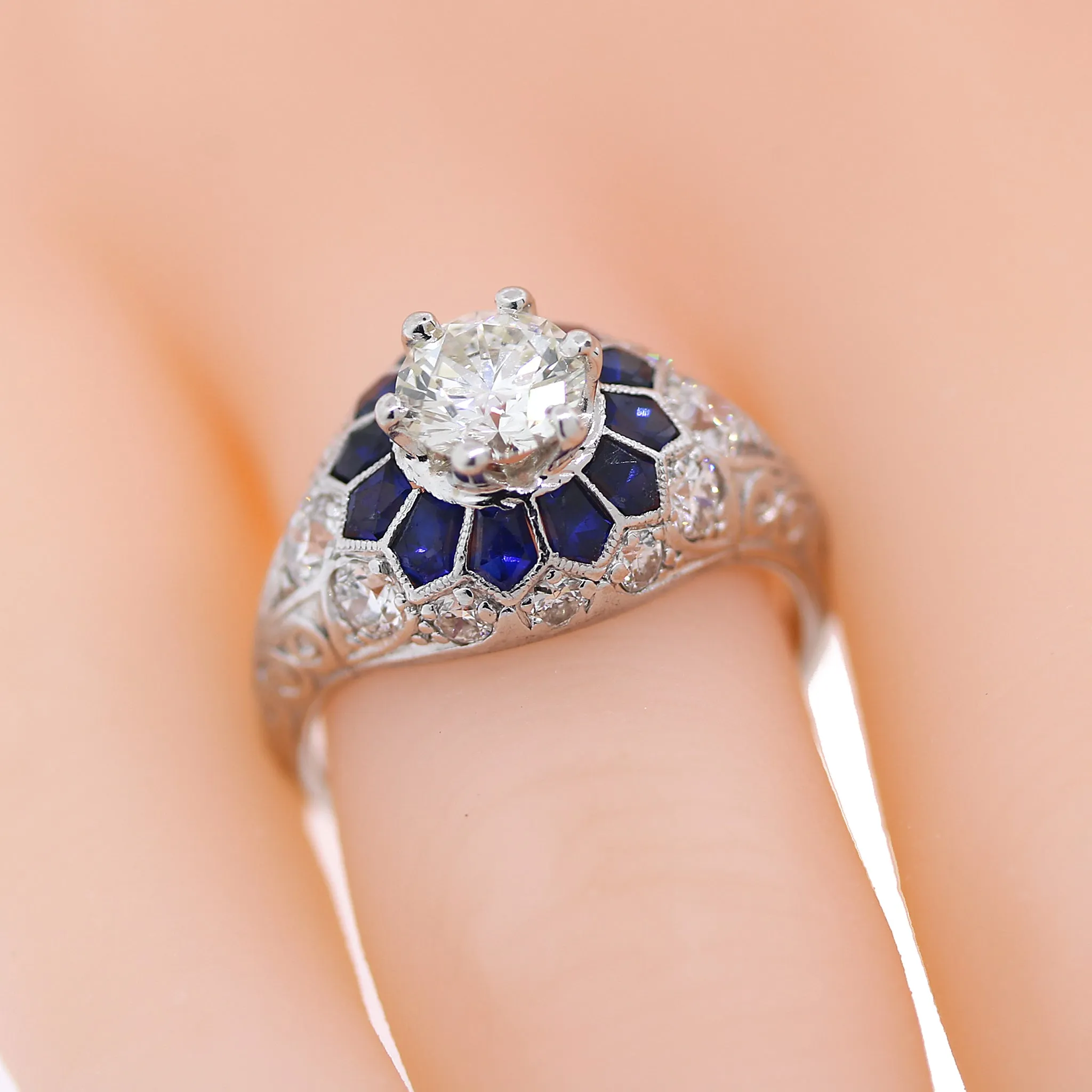 Platinum Art Deco Style Sapphire and Diamond Engagement Ring