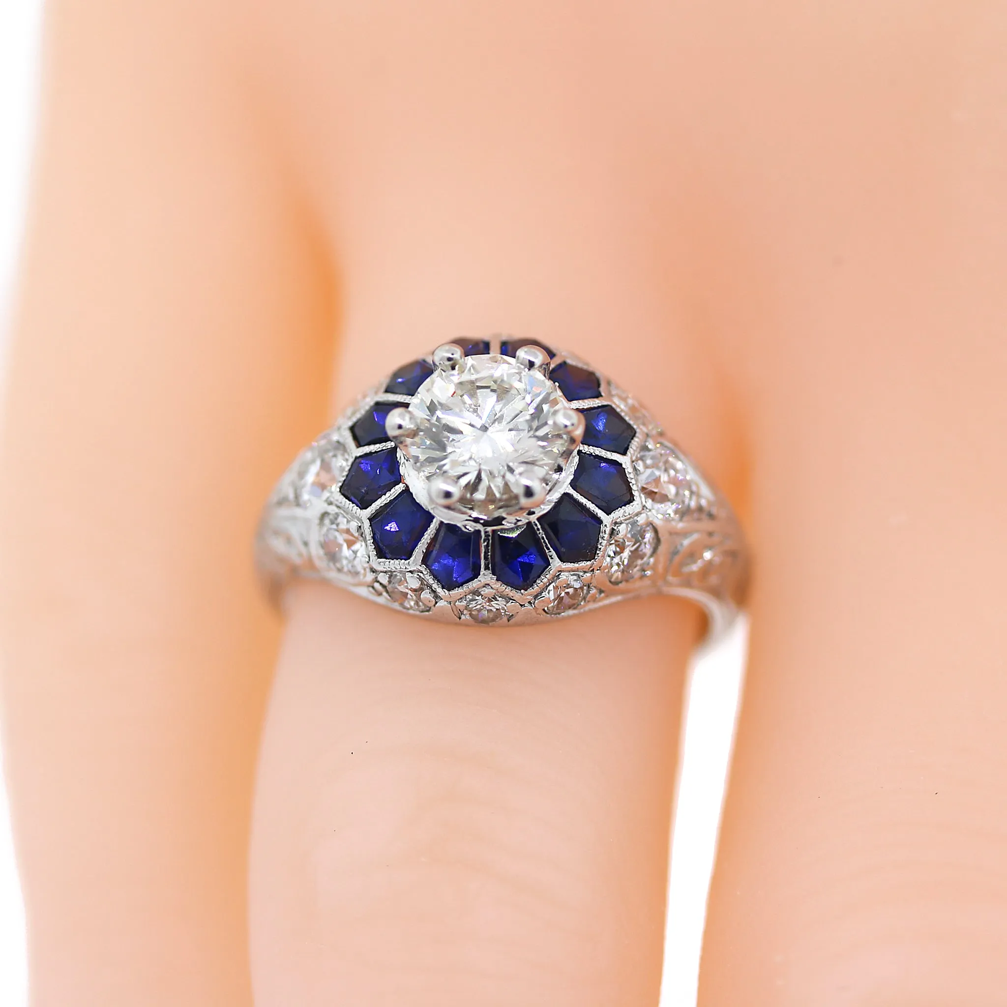 Platinum Art Deco Style Sapphire and Diamond Engagement Ring