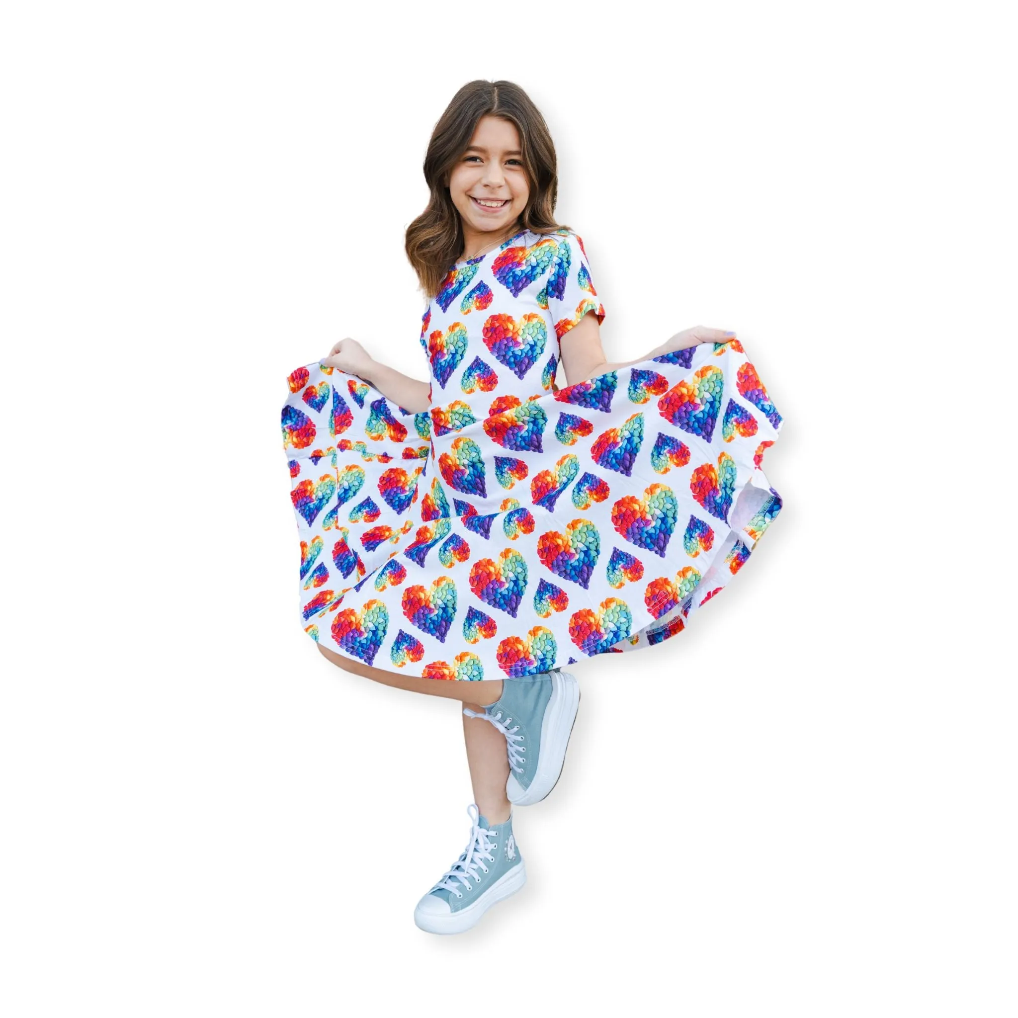 Rainbow Blossom Hearts Kids Twirl Dress