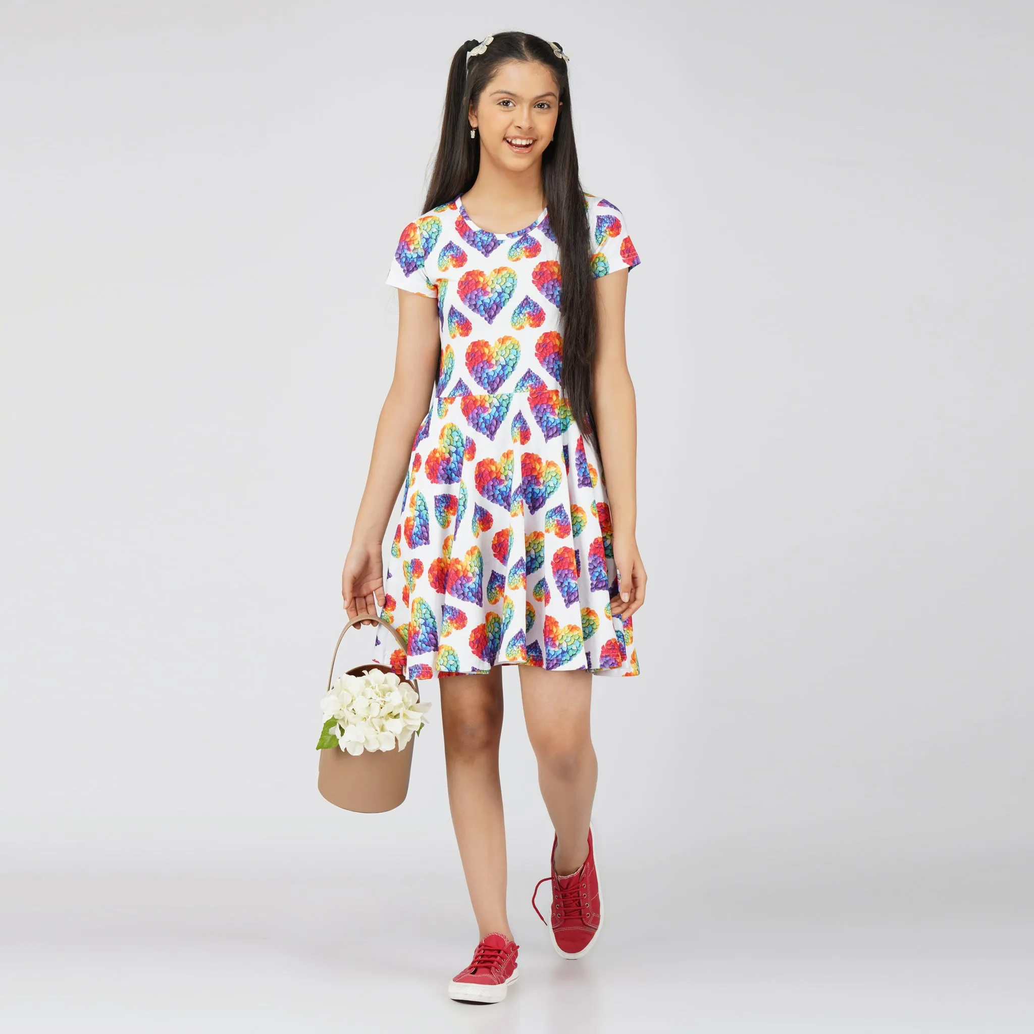 Rainbow Blossom Hearts Kids Twirl Dress