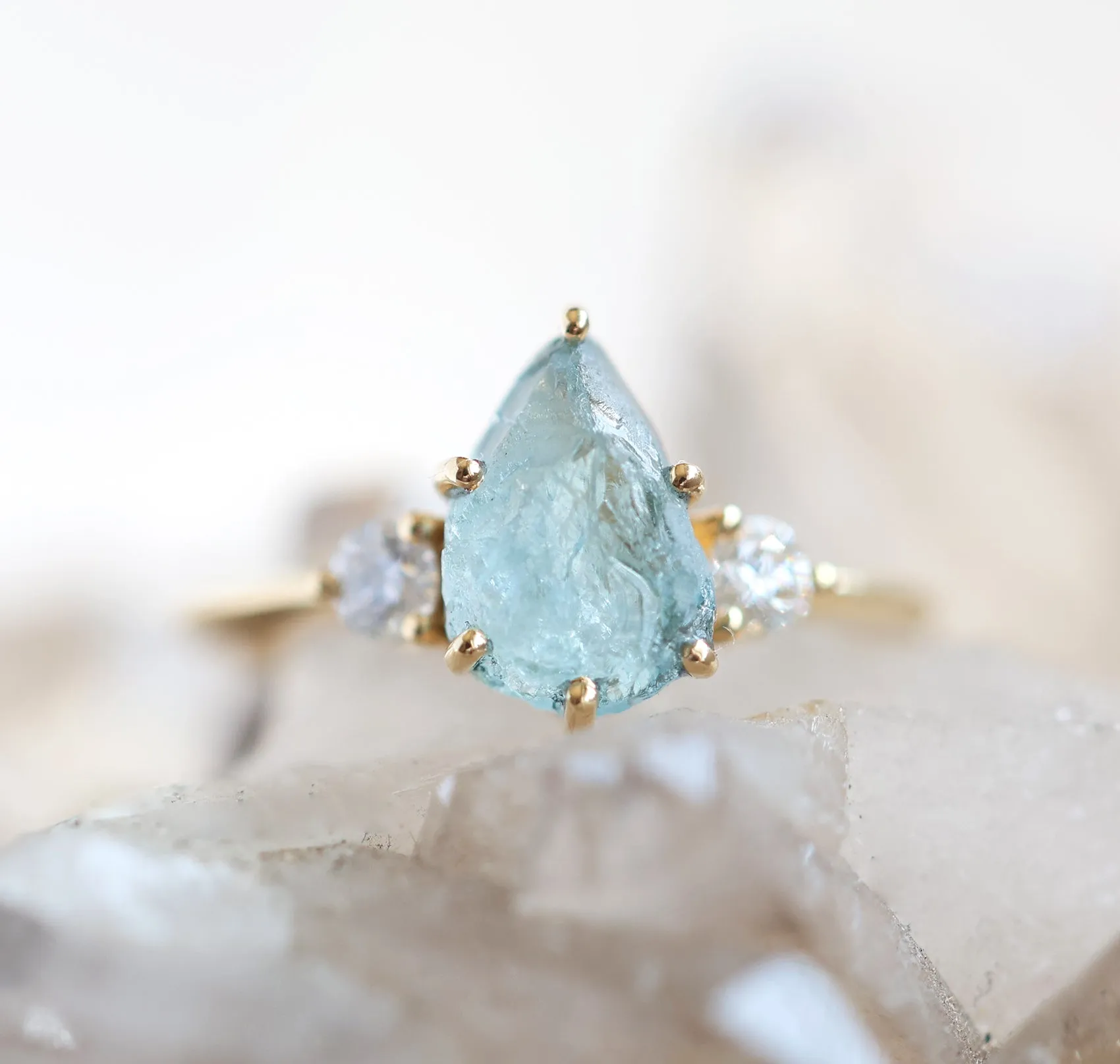 Raw Pear Aquamarine Three Stone Ring