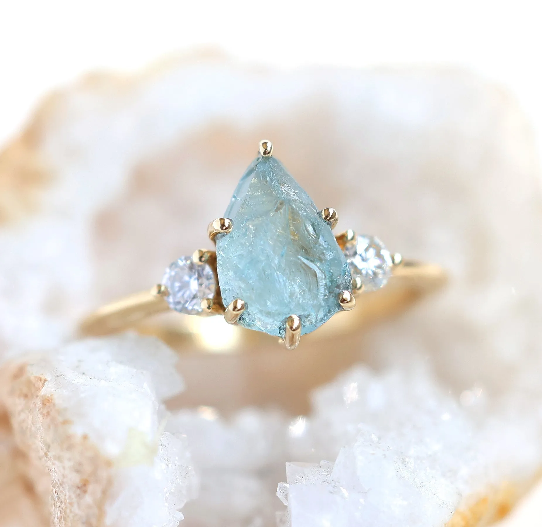 Raw Pear Aquamarine Three Stone Ring