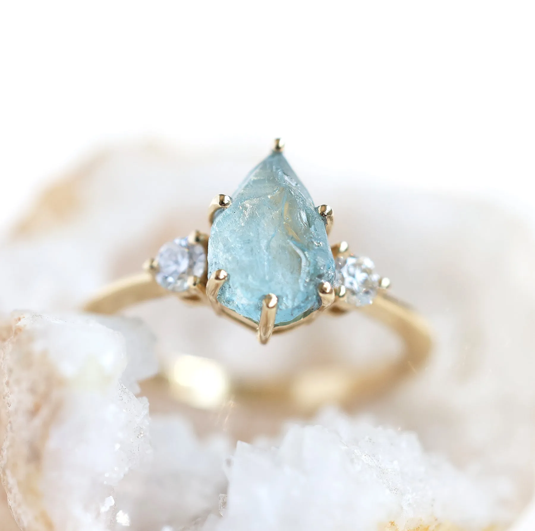 Raw Pear Aquamarine Three Stone Ring