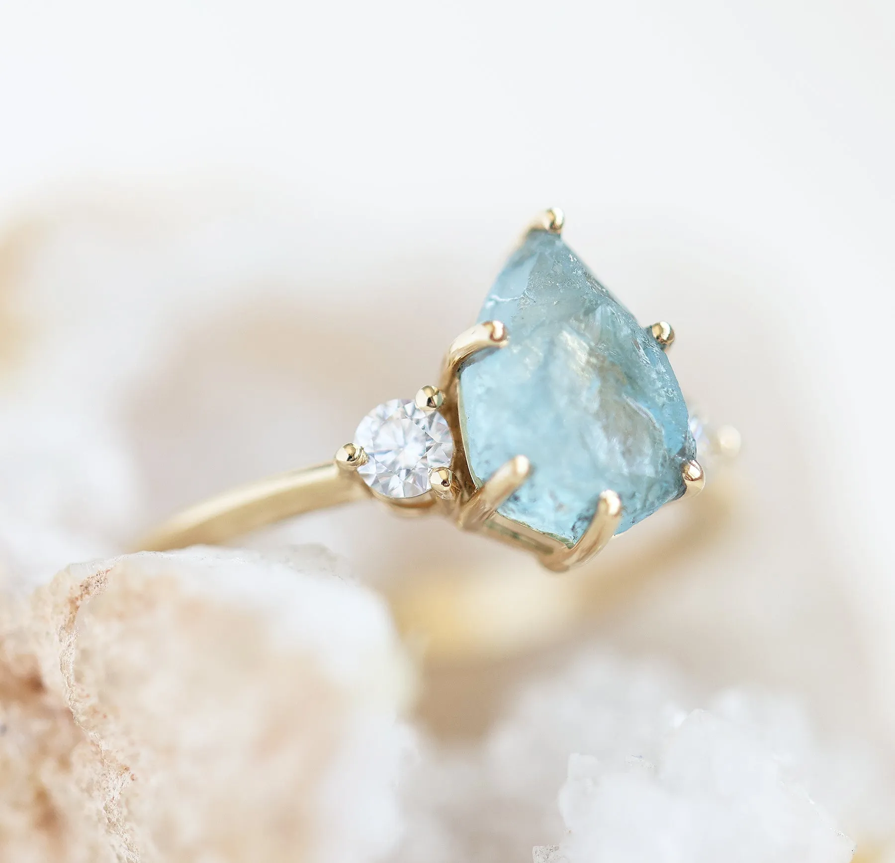 Raw Pear Aquamarine Three Stone Ring