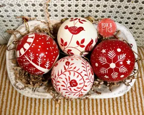 Red & White Hand-Painted Paper Mache Ball Ornaments ~ Various Styles