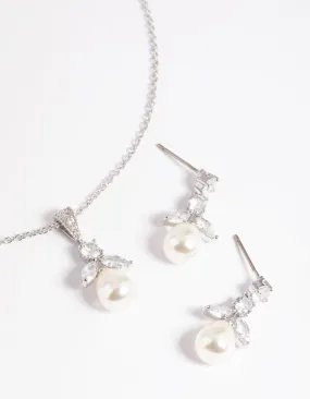 Rhodium Diamond Simulant Flower Pearl Necklace & Earrings Set