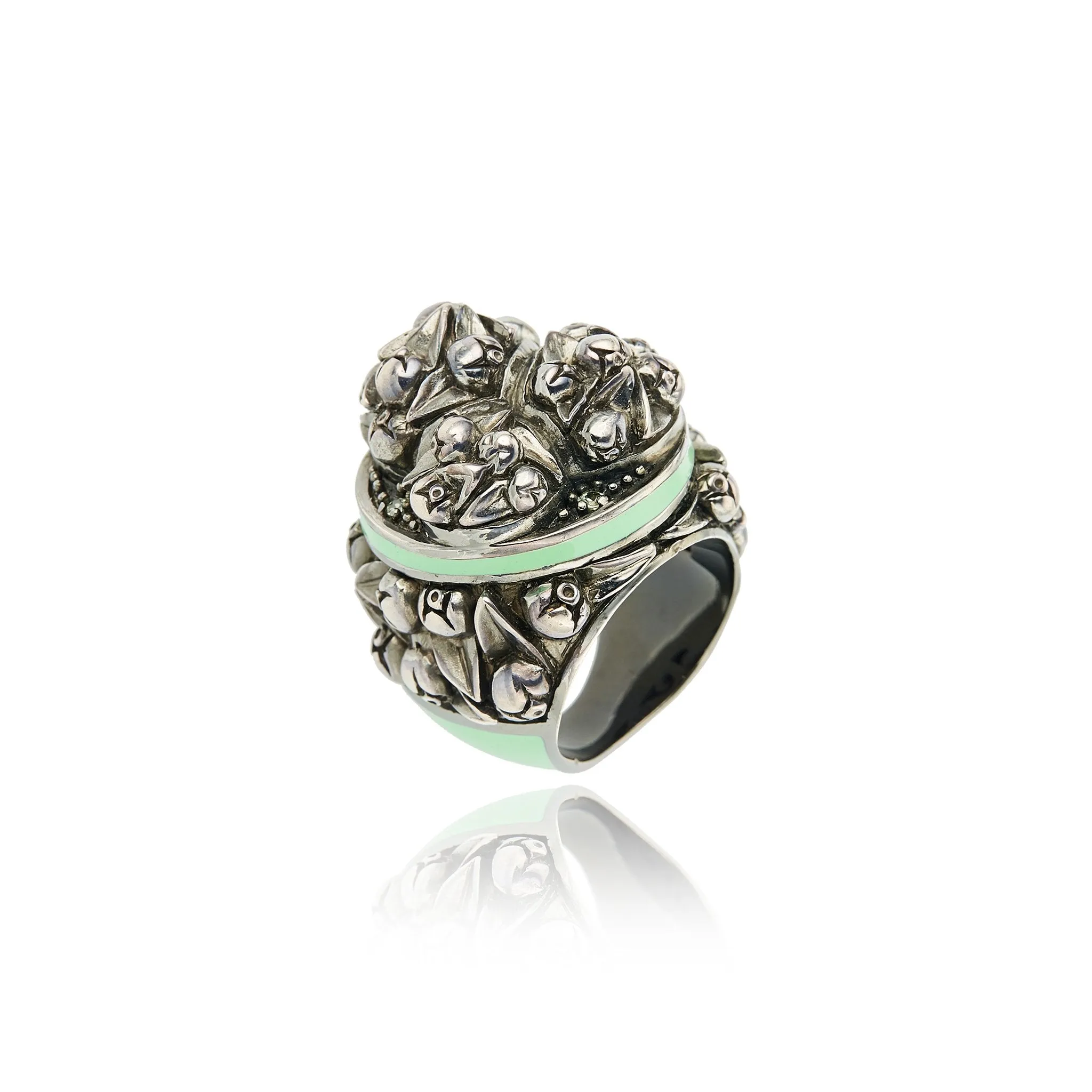 Sterling Silver Statement Ring with Ocean Green Enamel & Green Sapphires