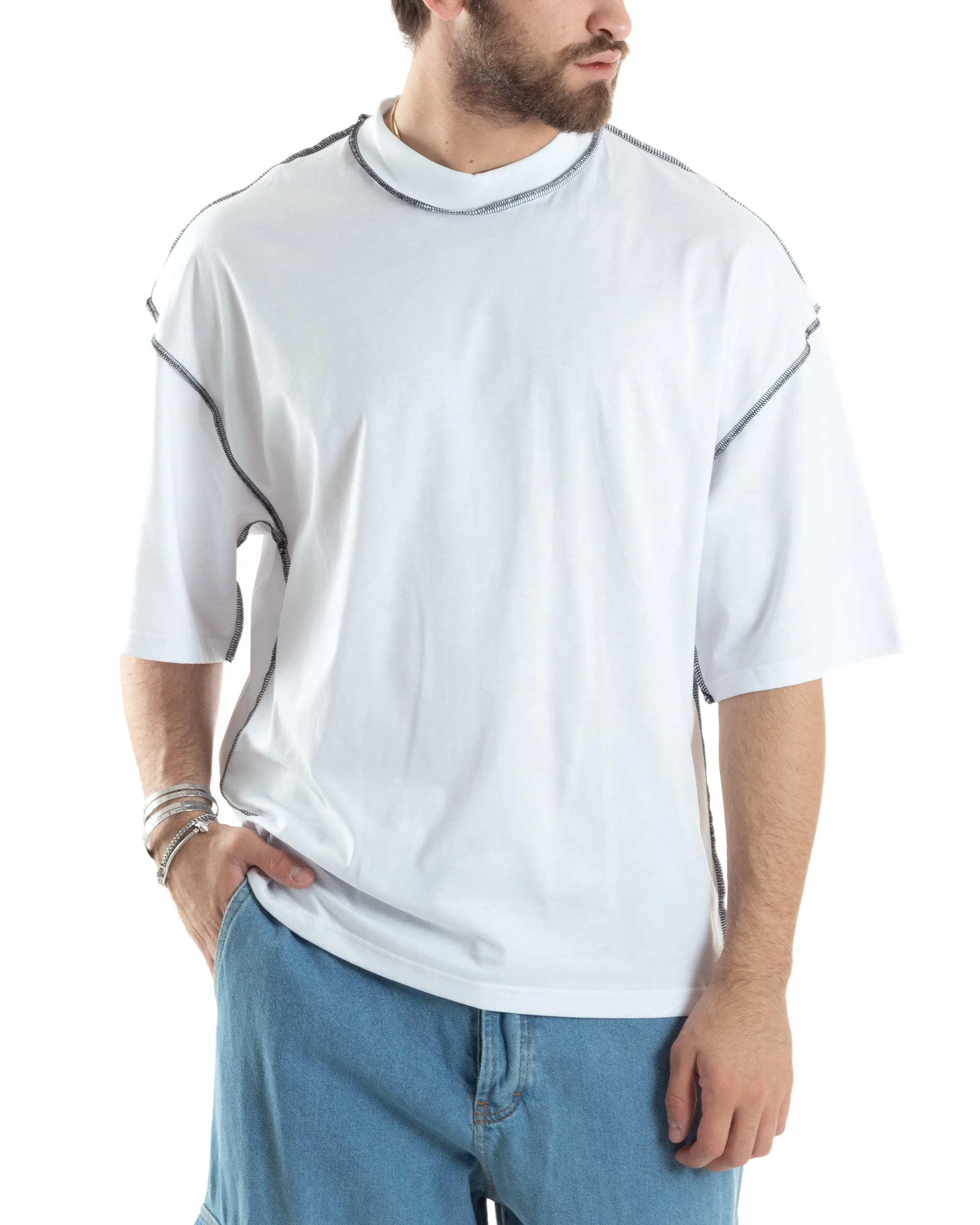 T-shirt Uomo Girocollo Boxy Fit Oversize Spalla Scesa Gola Alta Cuciture A Contrasto Cotone Bianco GIOSAL-TS3033A