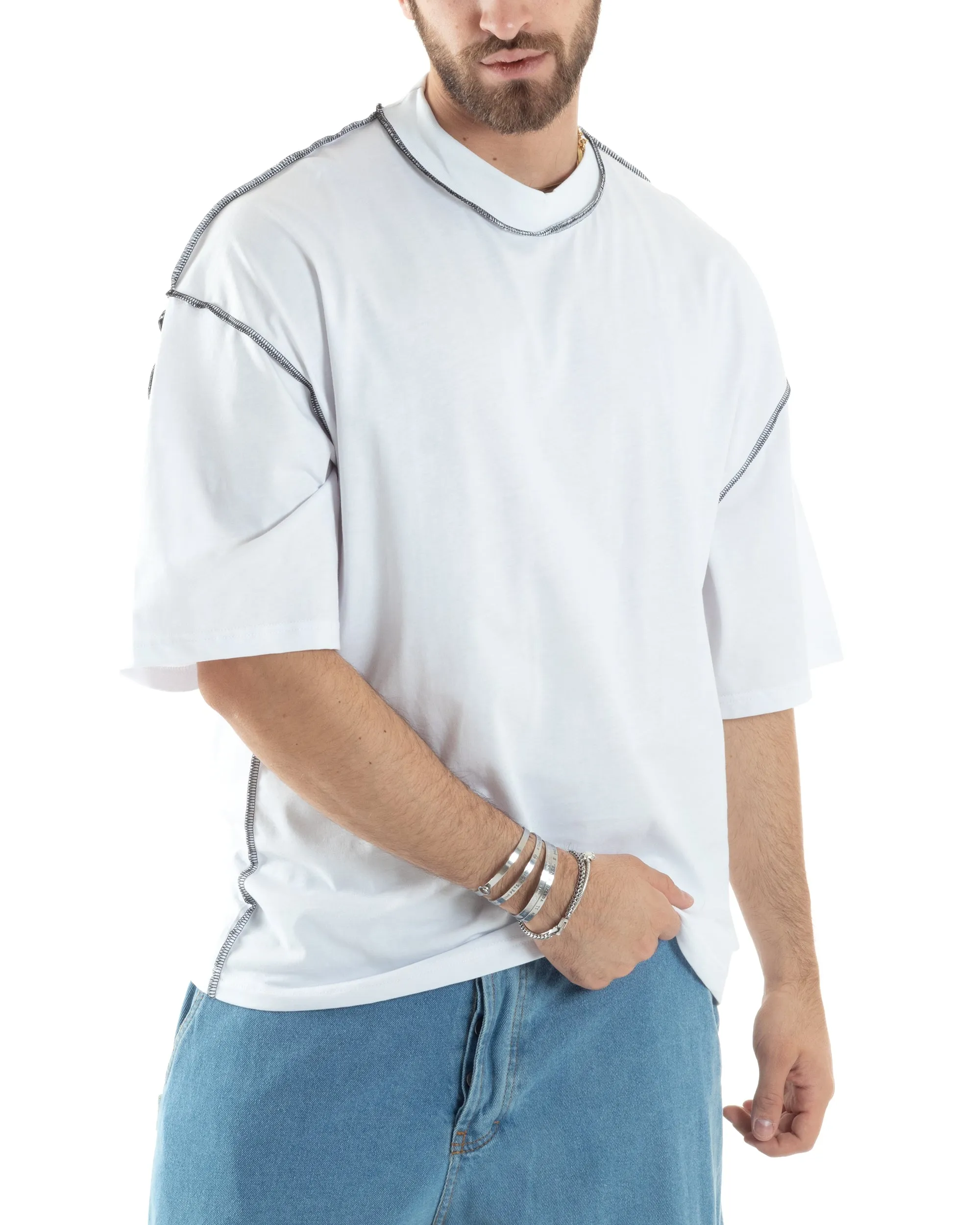 T-shirt Uomo Girocollo Boxy Fit Oversize Spalla Scesa Gola Alta Cuciture A Contrasto Cotone Bianco GIOSAL-TS3033A