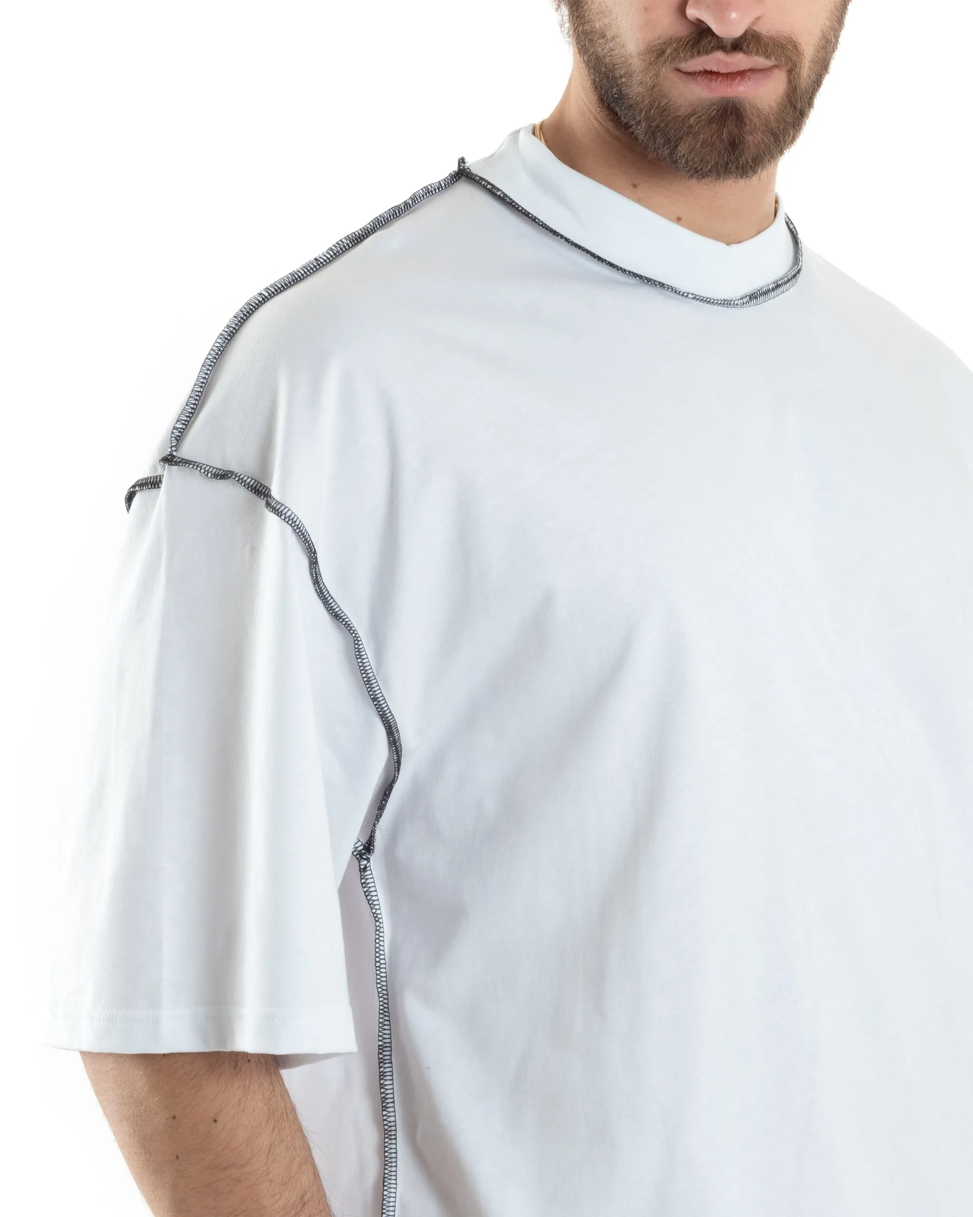 T-shirt Uomo Girocollo Boxy Fit Oversize Spalla Scesa Gola Alta Cuciture A Contrasto Cotone Bianco GIOSAL-TS3033A