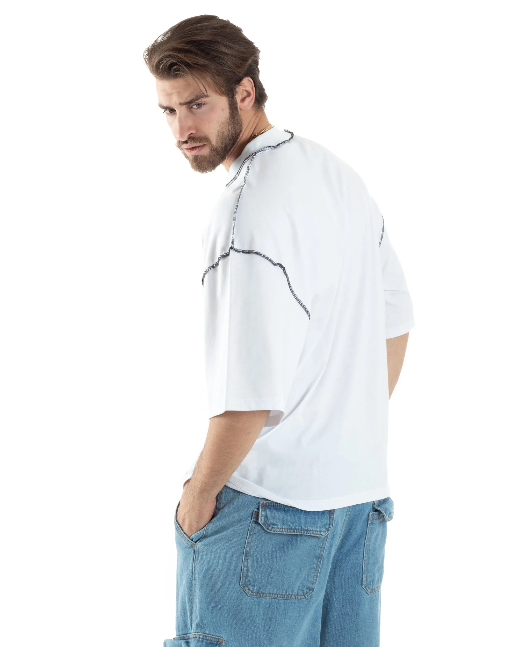 T-shirt Uomo Girocollo Boxy Fit Oversize Spalla Scesa Gola Alta Cuciture A Contrasto Cotone Bianco GIOSAL-TS3033A