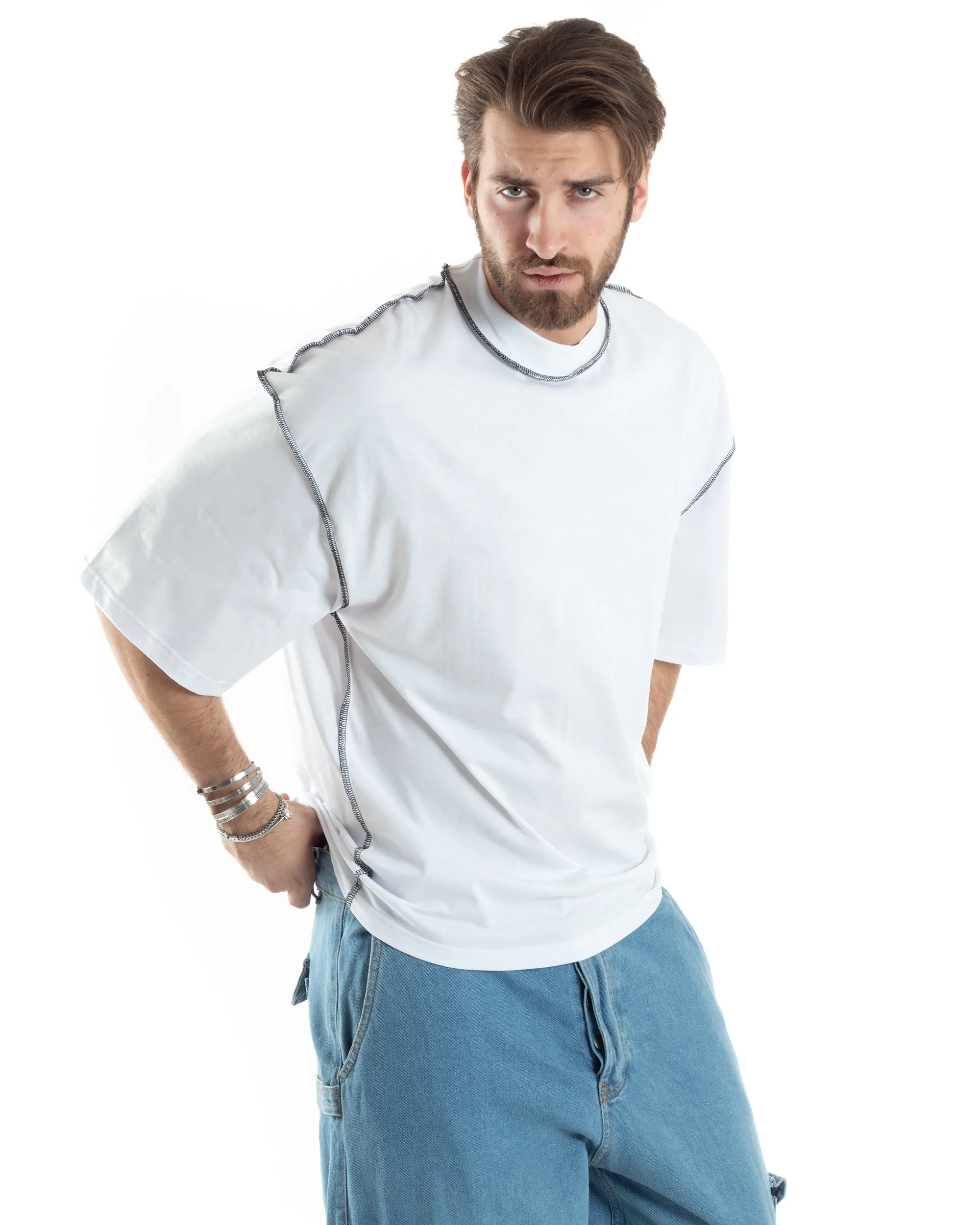 T-shirt Uomo Girocollo Boxy Fit Oversize Spalla Scesa Gola Alta Cuciture A Contrasto Cotone Bianco GIOSAL-TS3033A