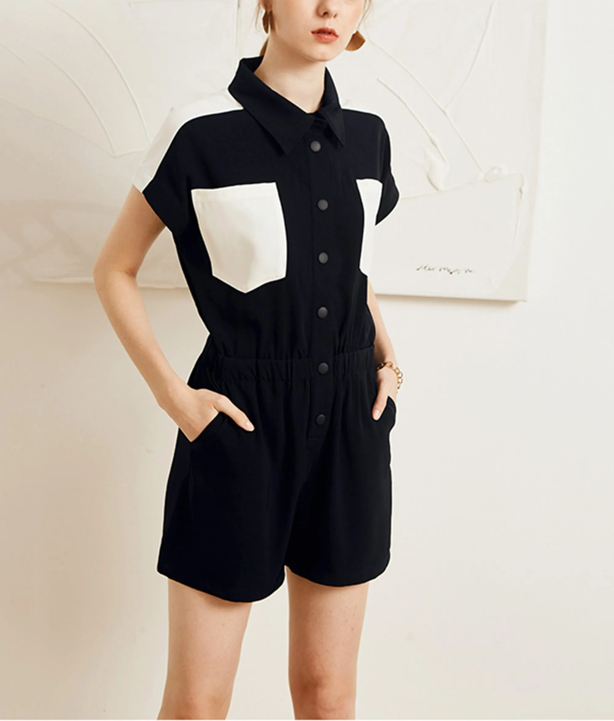 Two Tone Short Sleeve Button Romper