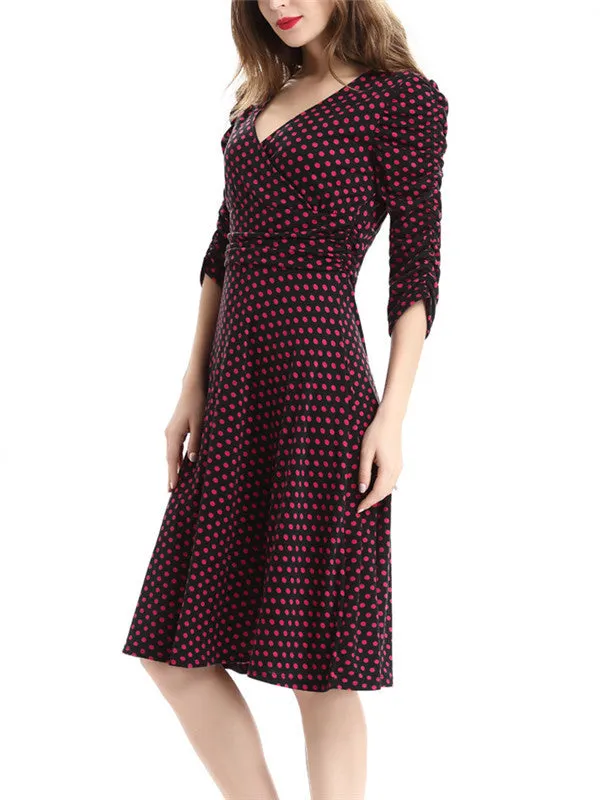 WealFeel Solid color Small dots Deep V-neck Large Swing Dress