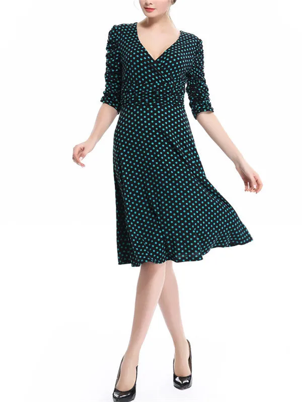 WealFeel Solid color Small dots Deep V-neck Large Swing Dress