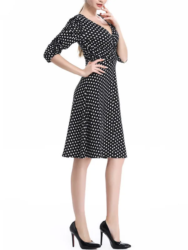 WealFeel Solid color Small dots Deep V-neck Large Swing Dress