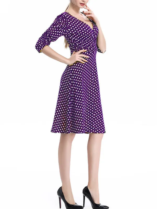 WealFeel Solid color Small dots Deep V-neck Large Swing Dress