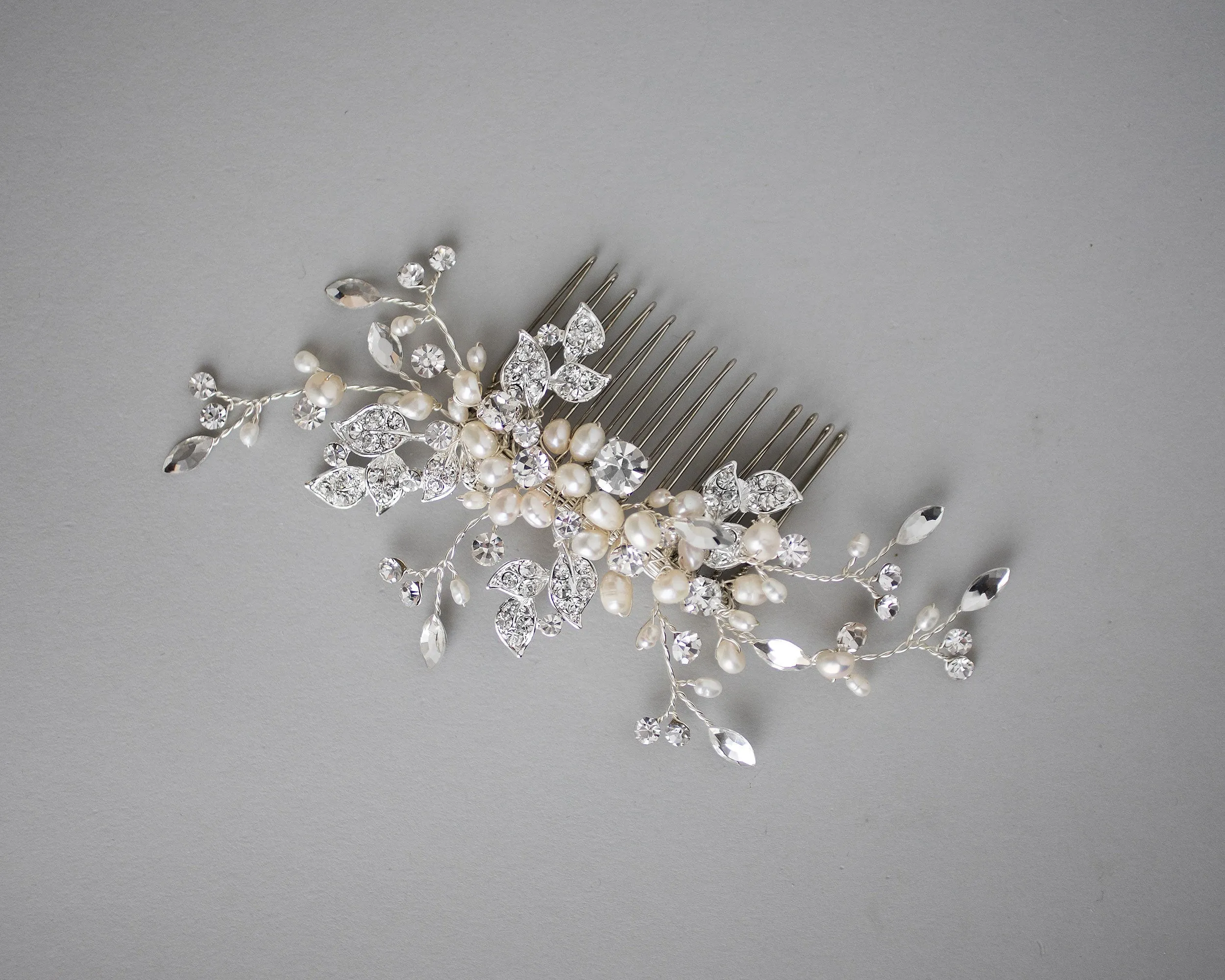 Wedding Comb of Crystal Leaves and Ivory Pearls