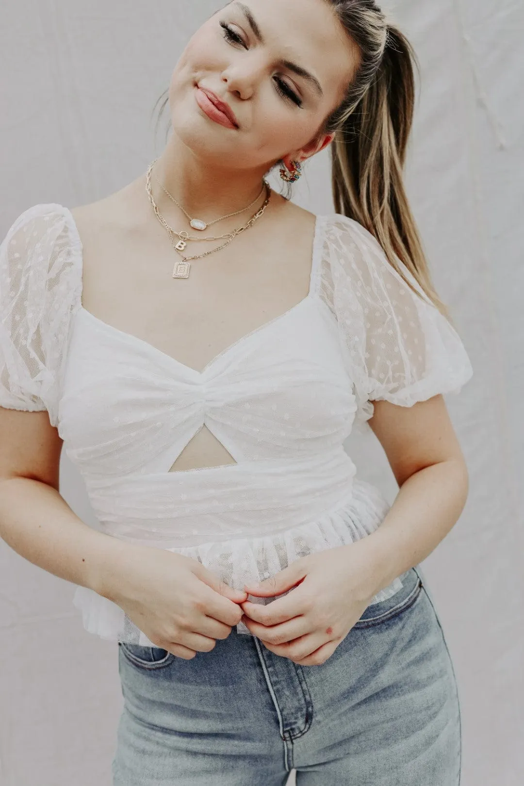 White Dotted Mesh Babydoll Top