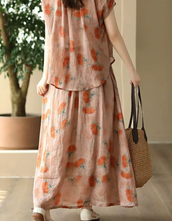 Women's Summer Floral Loose Linen Skirt