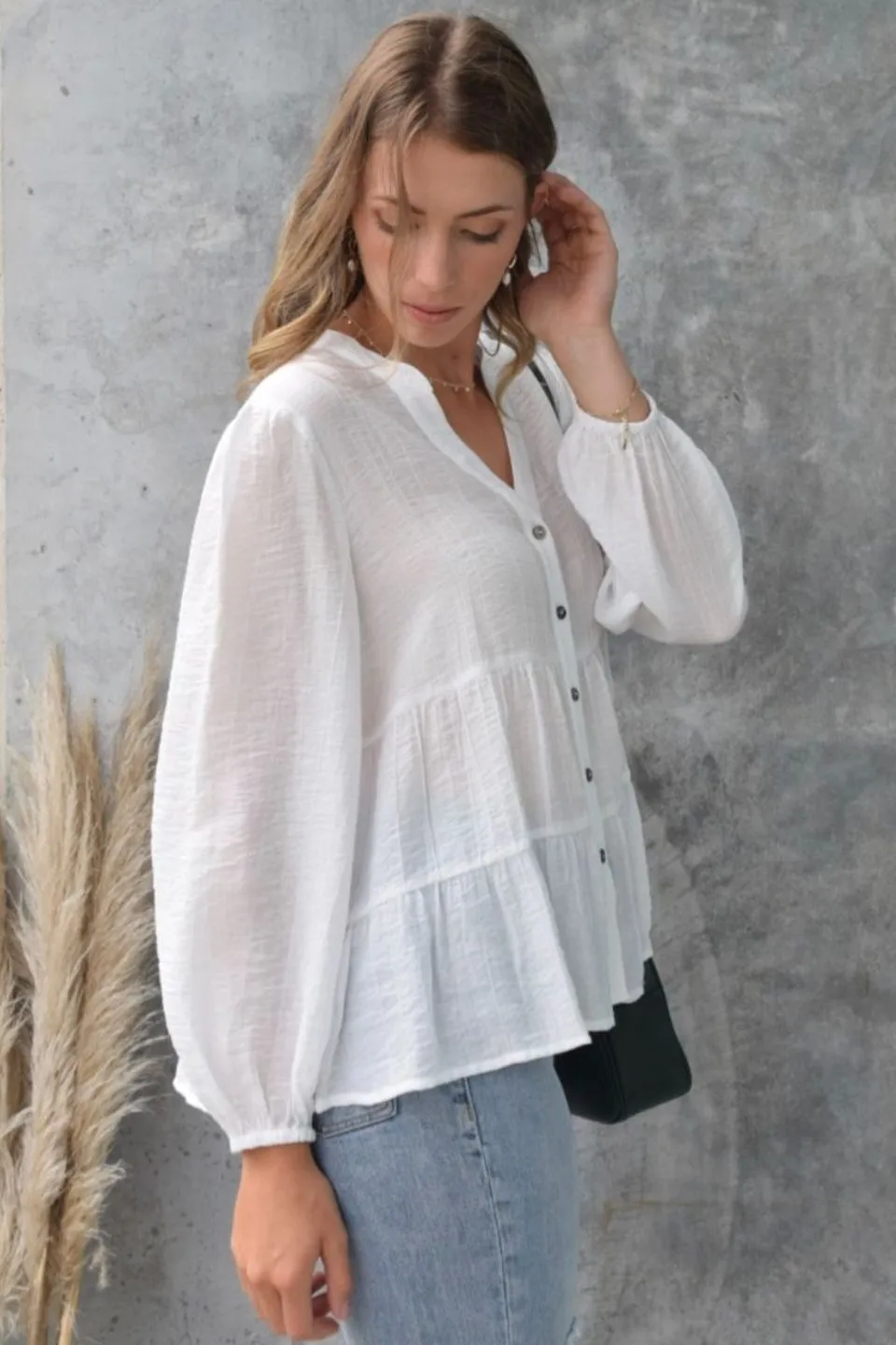 Wondrous Ivory Texture LS Puff Sleeve Tiered Blouse