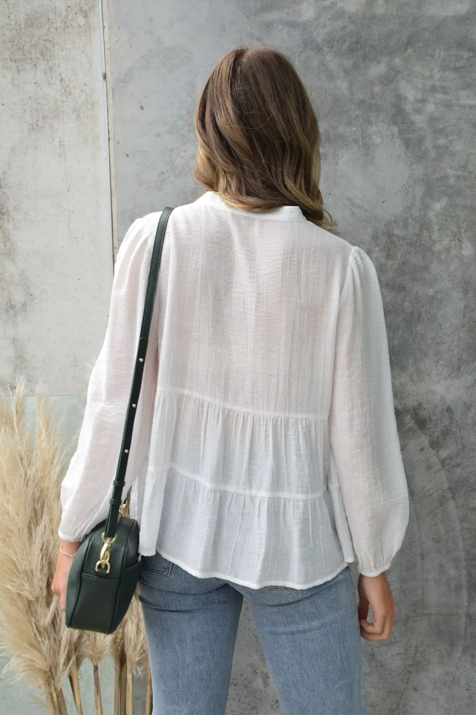 Wondrous Ivory Texture LS Puff Sleeve Tiered Blouse